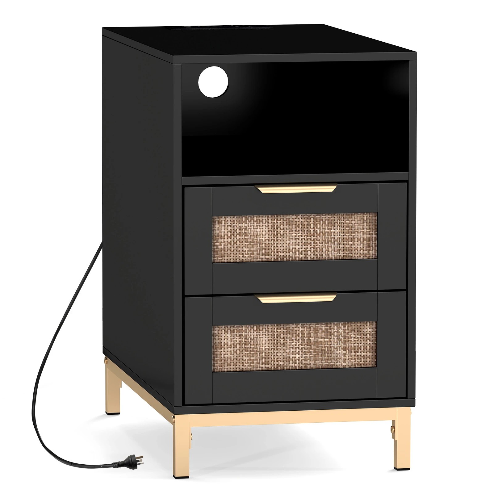 1 Costway Narrow Bedside Table Boho Nightstand w/Charging Station, 1 of 4