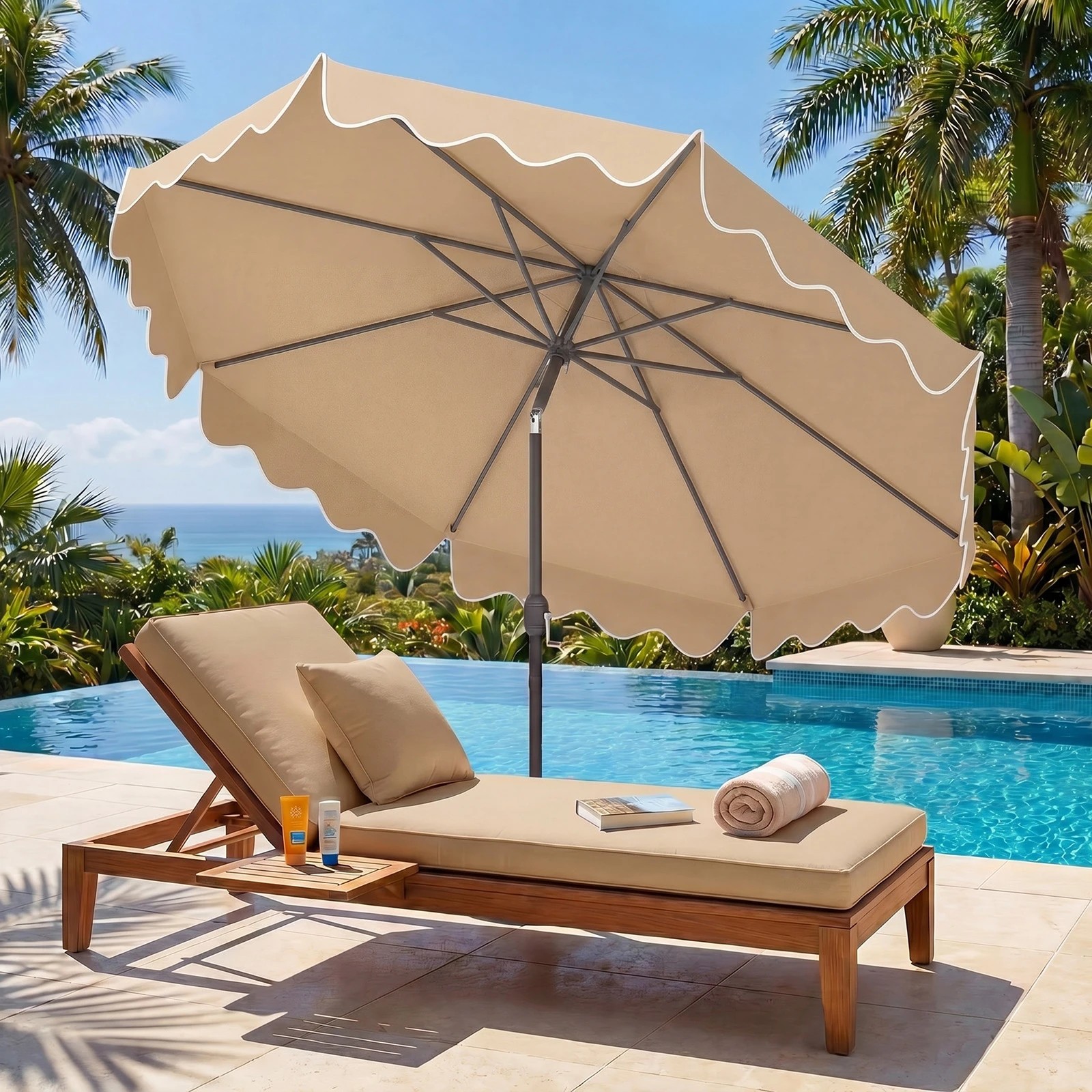 2 Costway 2.7M Patio Umbrella Tilt Metal Sun Canopy Ruffled Double-Tier Crank - Beige, 2 of 4