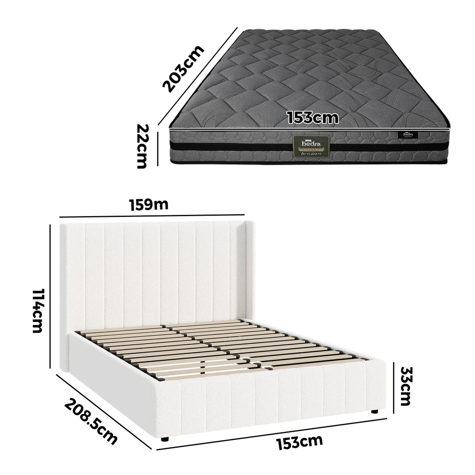 2 Oikiture Bed Frame Queen Size Gas Lift Storage Boucle Beds W/ Mattress Set BILY - White, 2 of 8