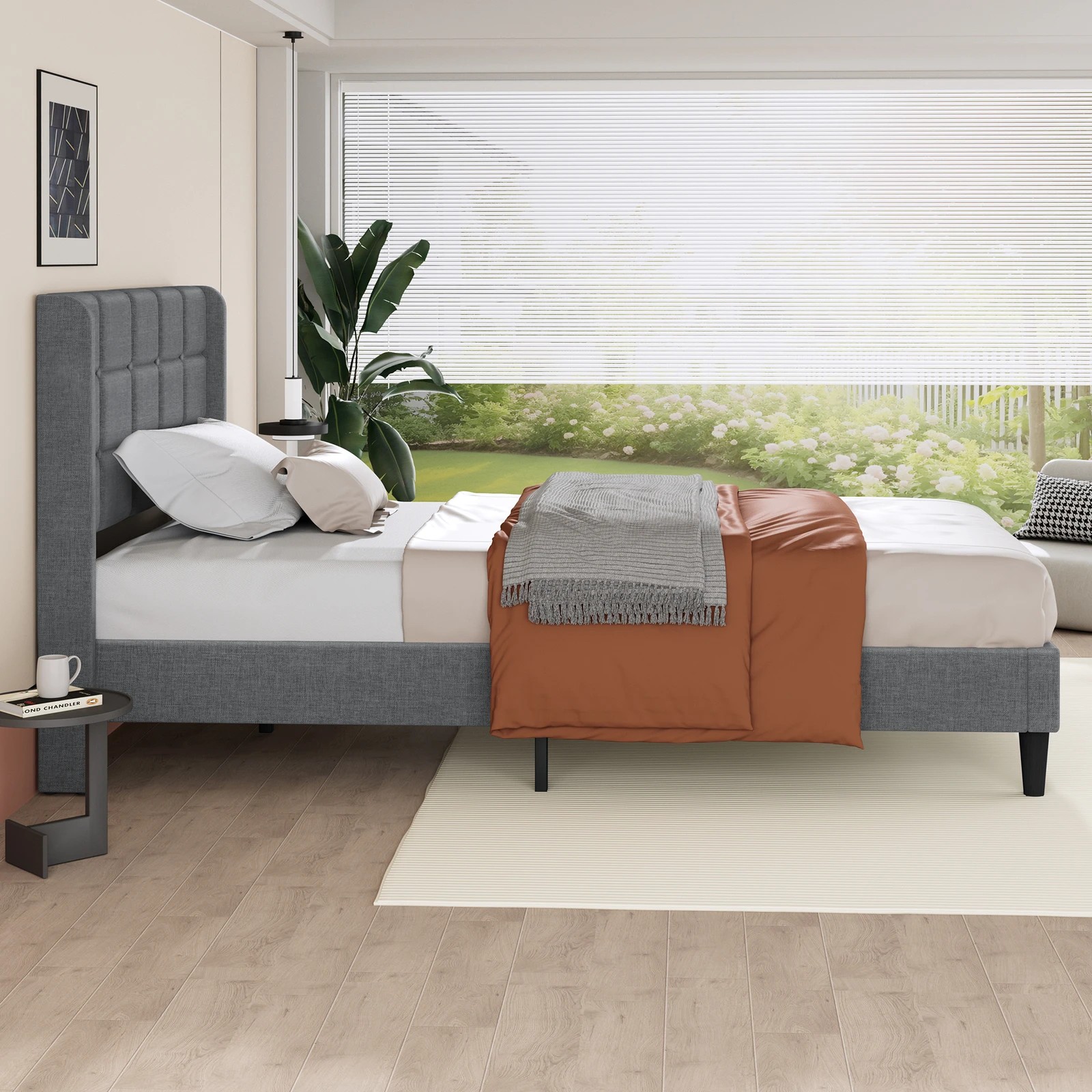5 Alfordson Bed Frame Single Size Upholstered Wingback Base Fabric Sarah - Grey, 5 of 10