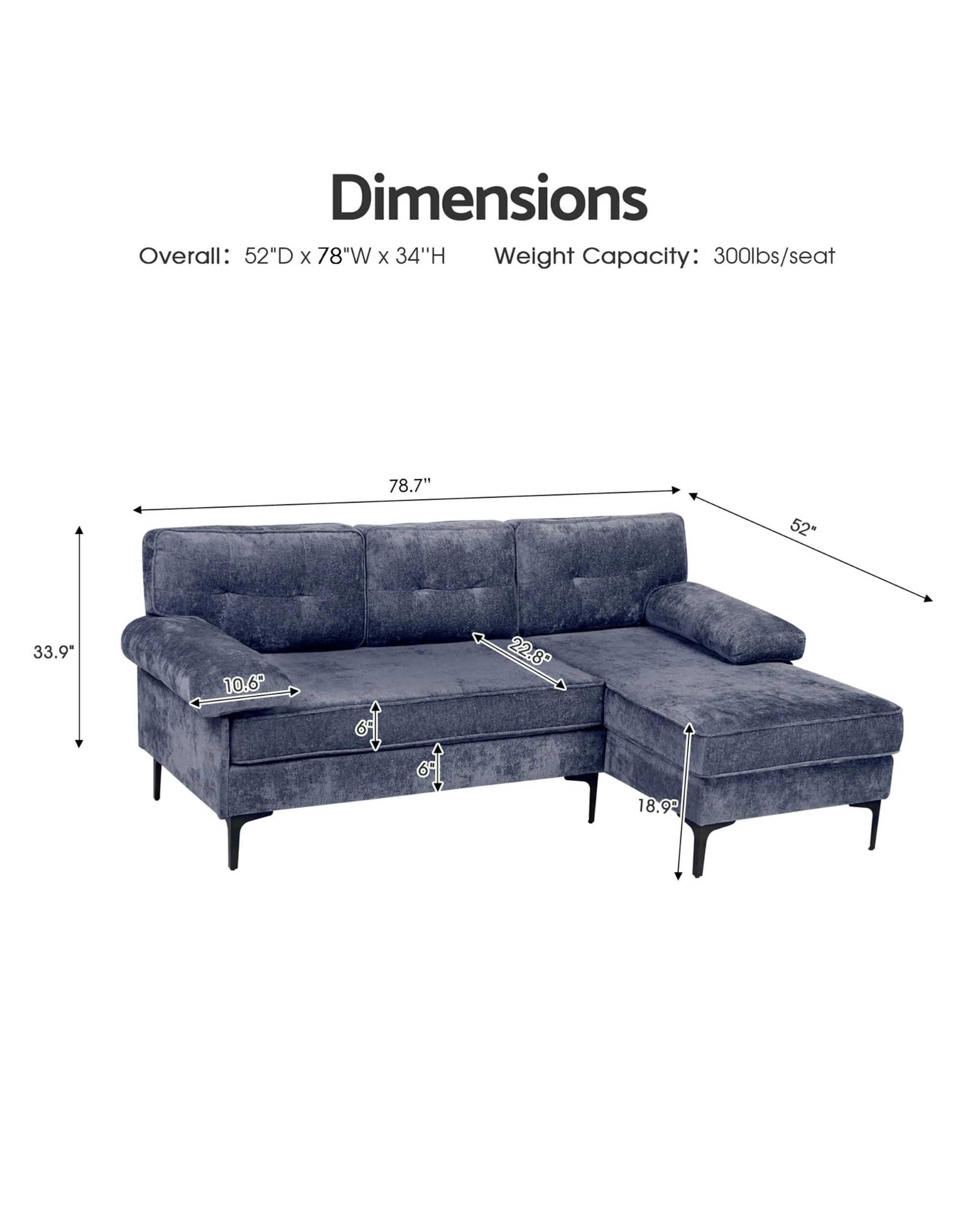 2 Advwin 3 Seater Sofa L-shape Chenille Lounge Couch W/ Reversible Chaise Blue, 2 of 9
