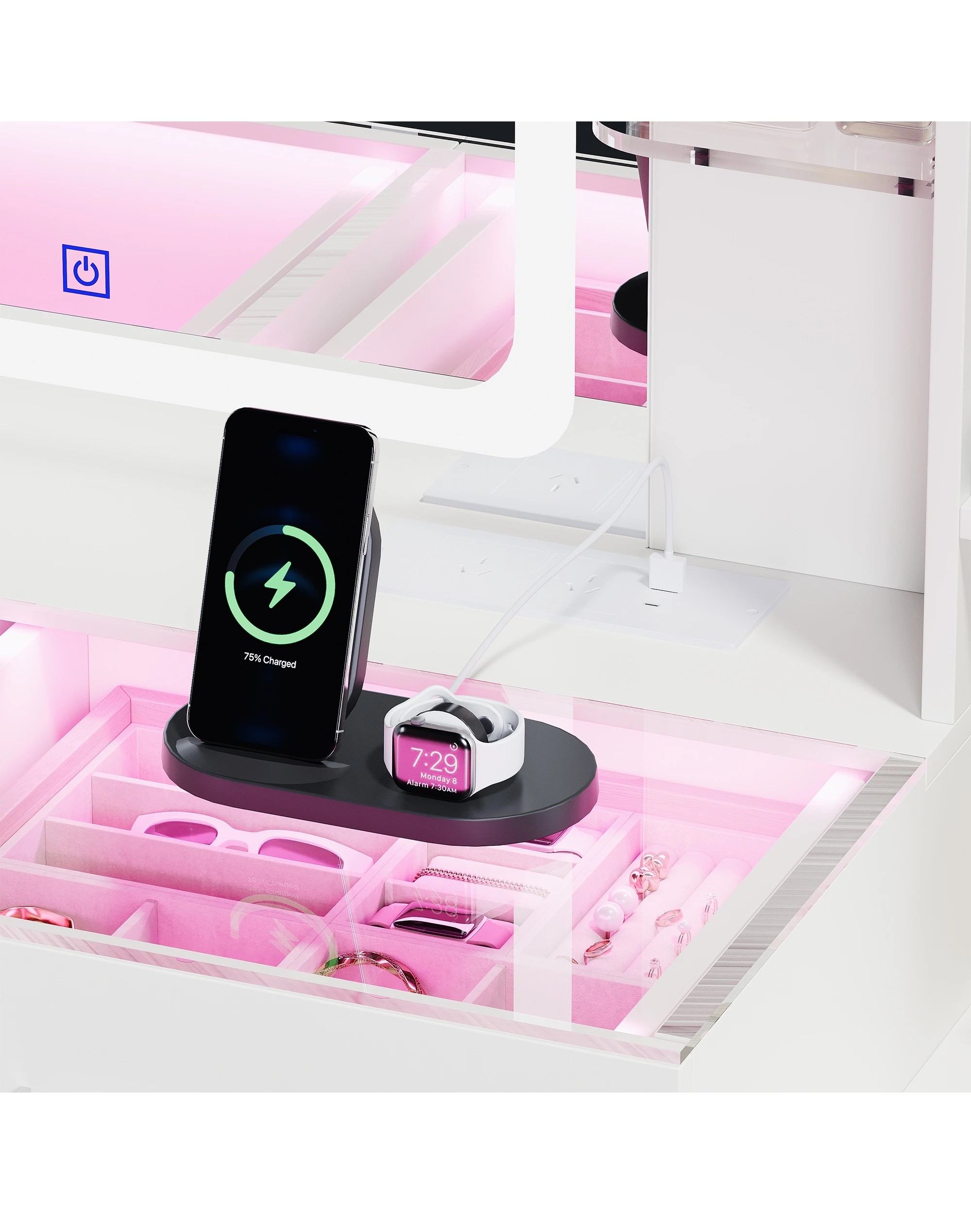 7 Advwin Dressing Table Vanity Desk Glass Top Drawer Wireless Charging LED Light - White, 7 of 10