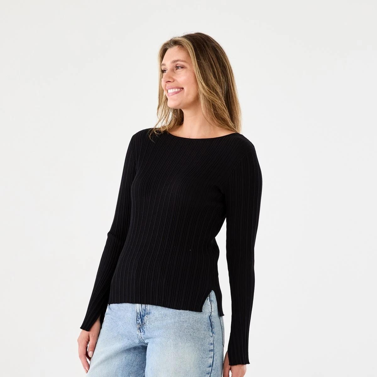 2 Long Sleeve Rib Boat Neck Top BLACK, 2 of 7