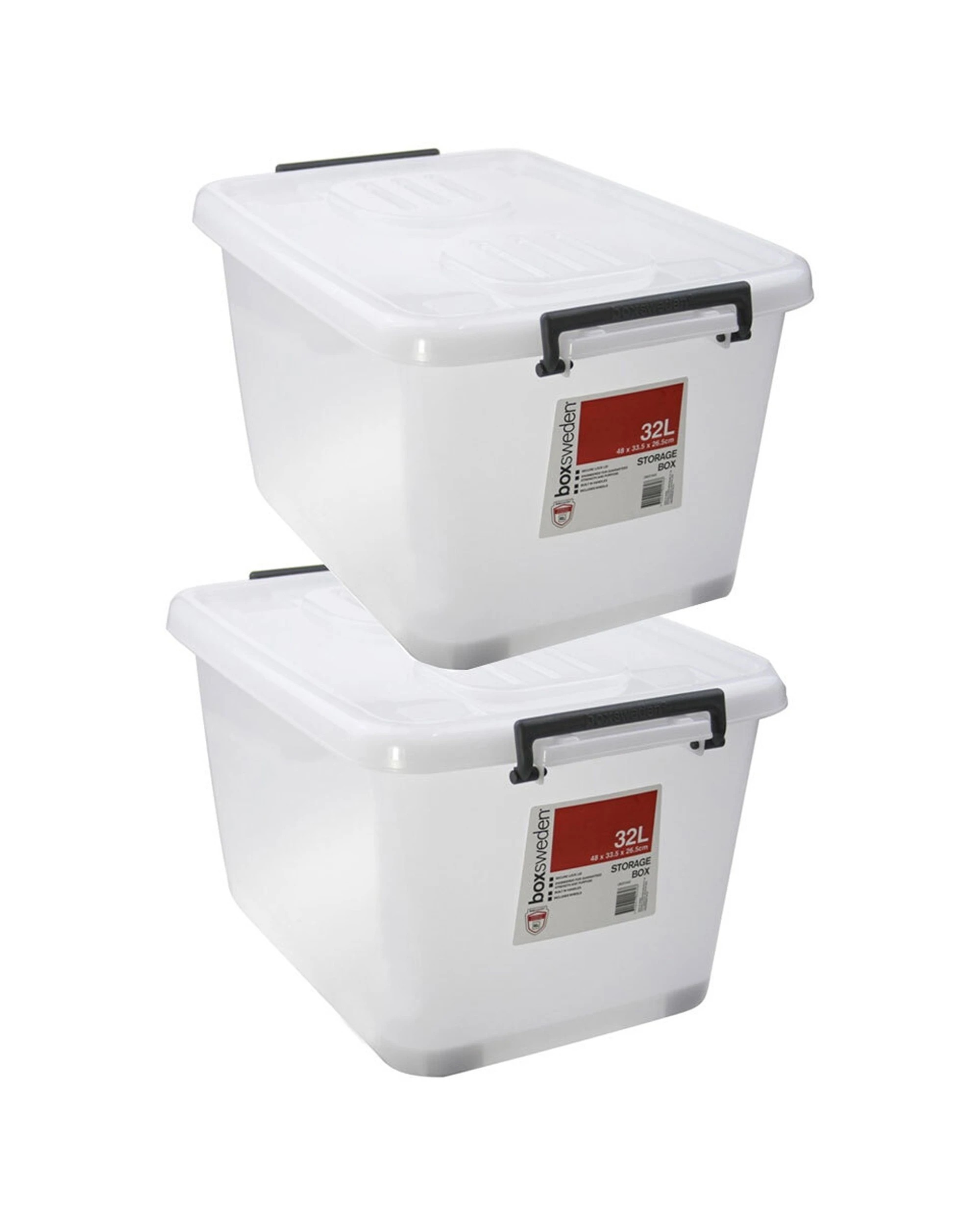1 Boxsweden 2PK Heavy Duty Storage Box 32 Litre With Wheels Clip Lock Plastic - White, 1 of 3