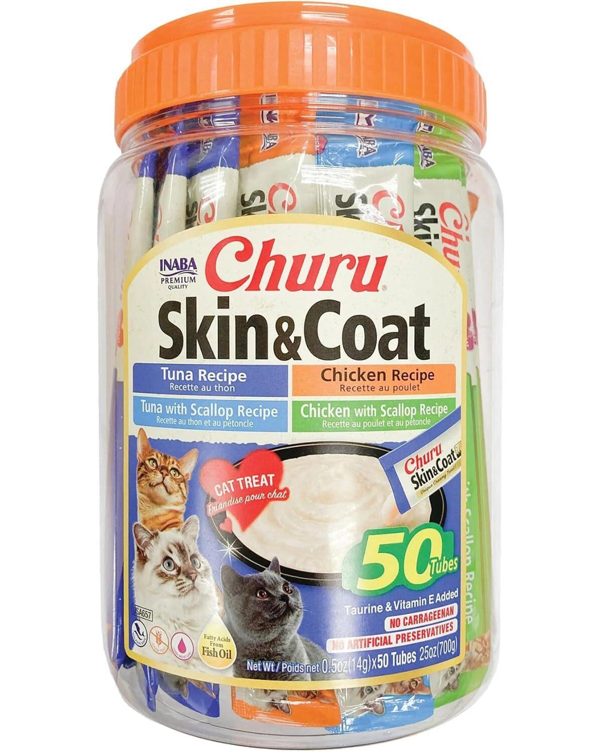 1 Inaba Churu Puree Skin & Coat Lickable Cat Treat Tuna & Chicken 50 x 0.5oz, 1 of 7