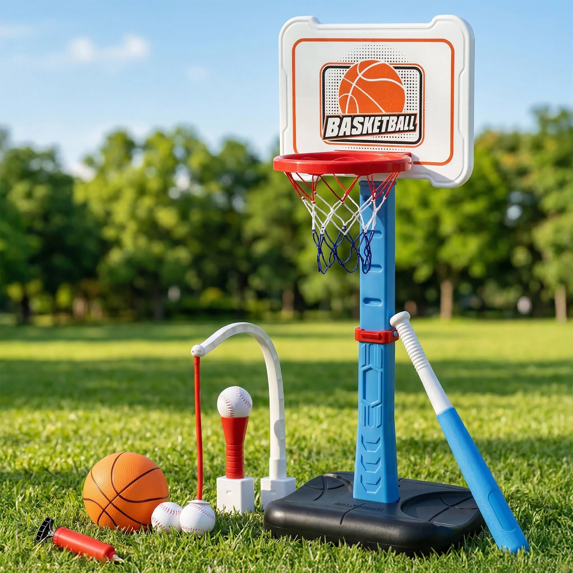8 Keezi Kids Basketball Hoop Stand Baseball Set Adjustable Height Sports Center Toys - Blue, 8 of 8