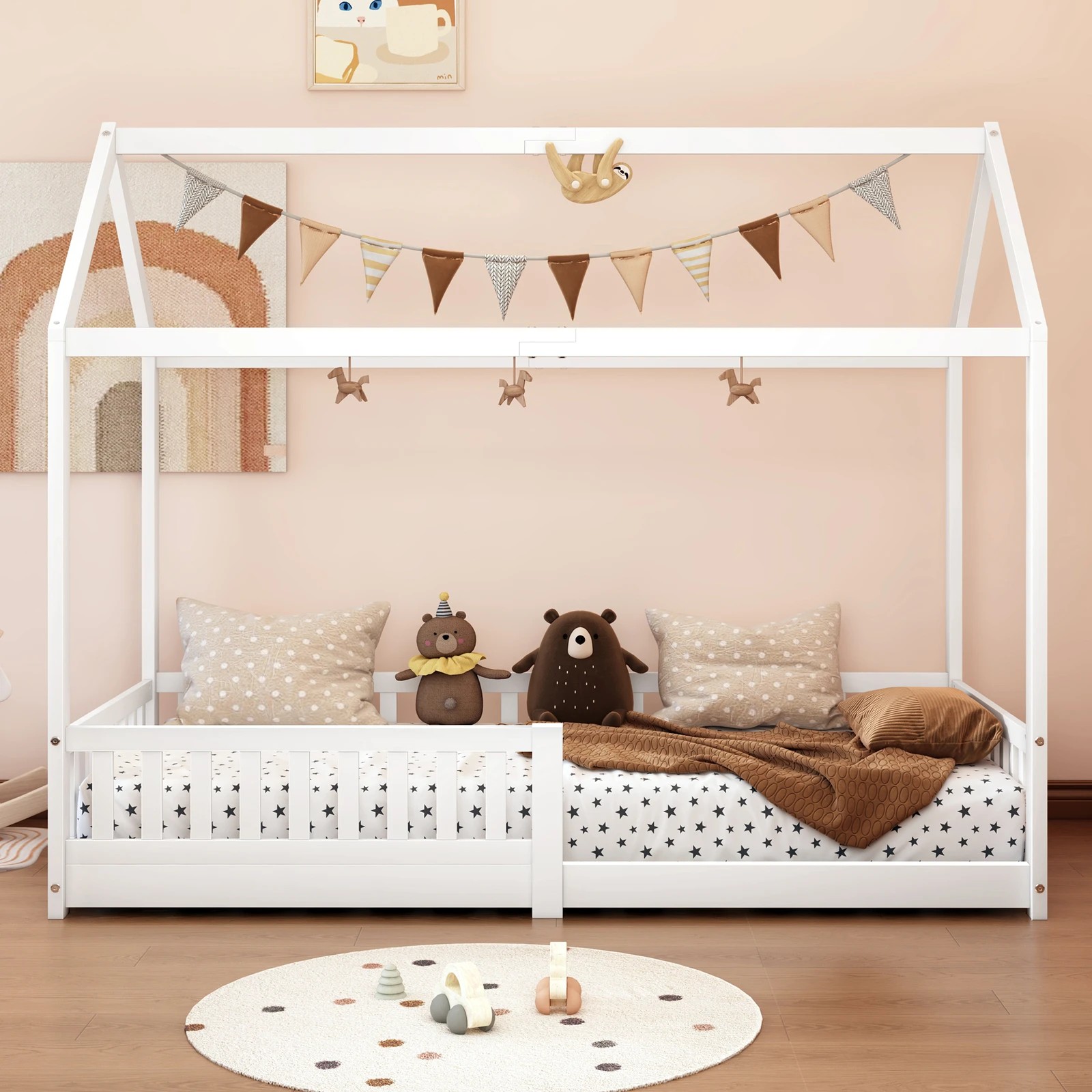 5 Alfordson Kids Bed Frame Wooden Timber Single House Frame Platform Base - White, 5 of 10