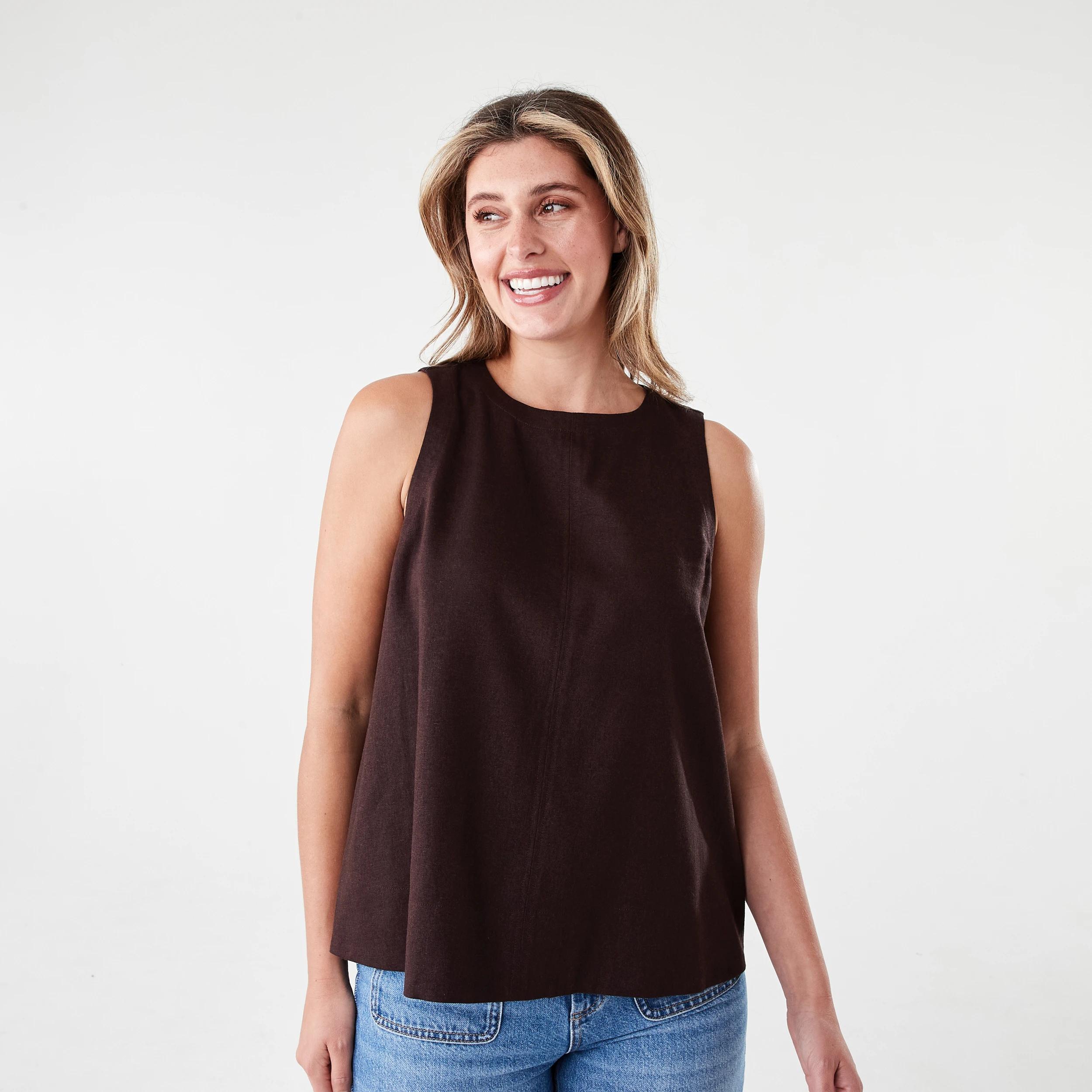 1 Sleeveless Linen Blend Swing Tank Choc Plum, 1 of 5