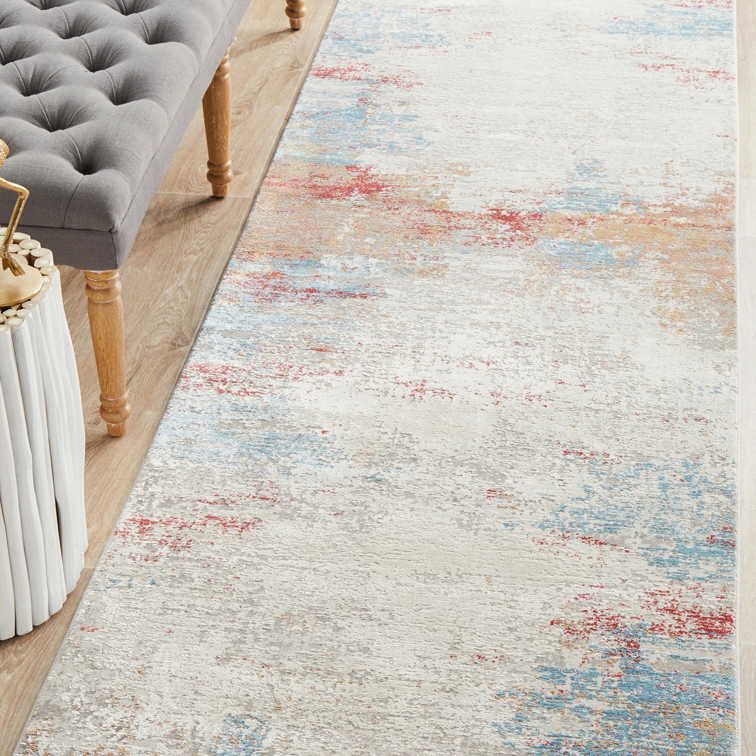 1 Common Ground Rugs Glimmers 109 300x80cm Runner - Medium Bamboo Silk Rug - Bone - Multi, 1 of 9
