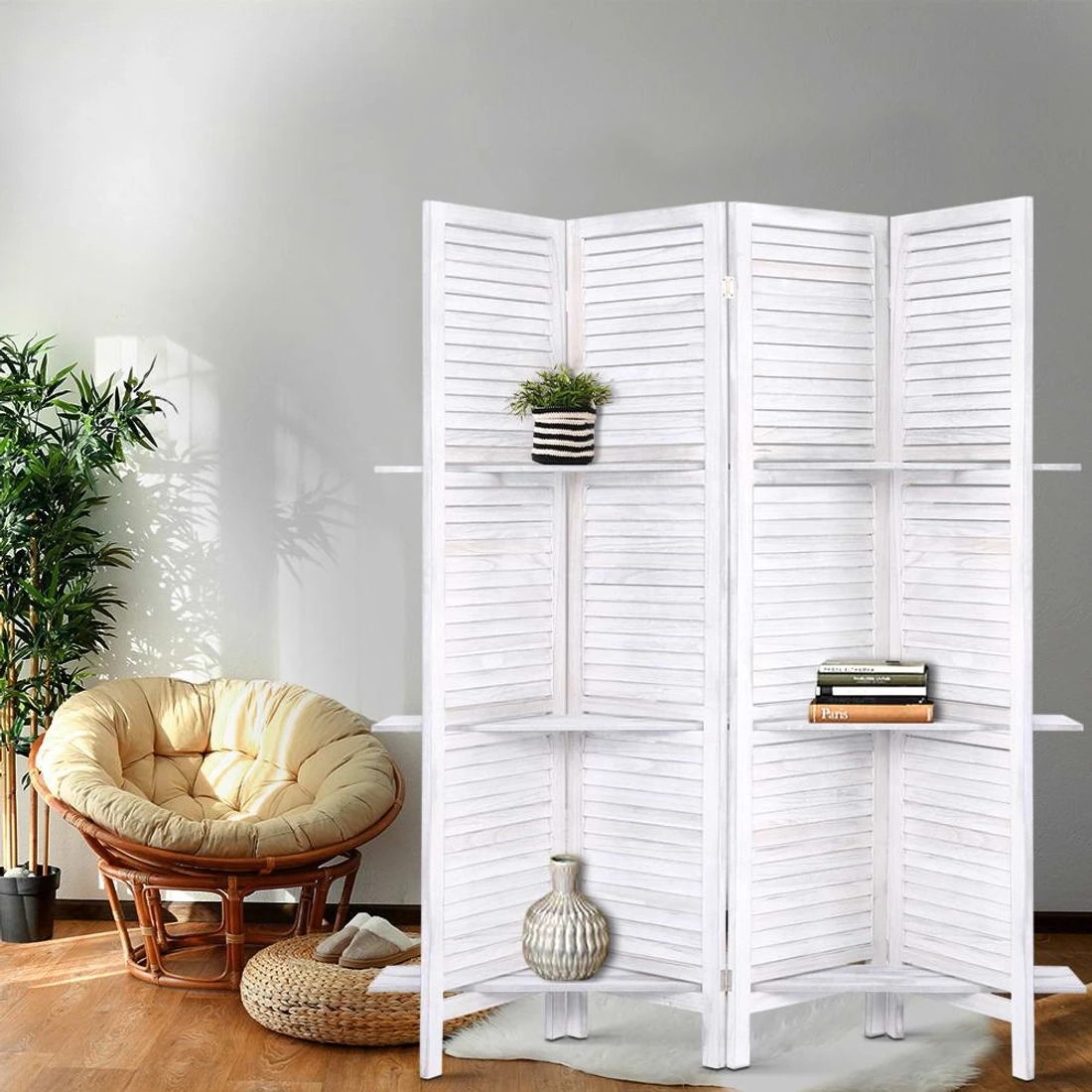 7 Artiss 4 Panel Room Divider Screen 163x170cm Shelf - White, 7 of 8