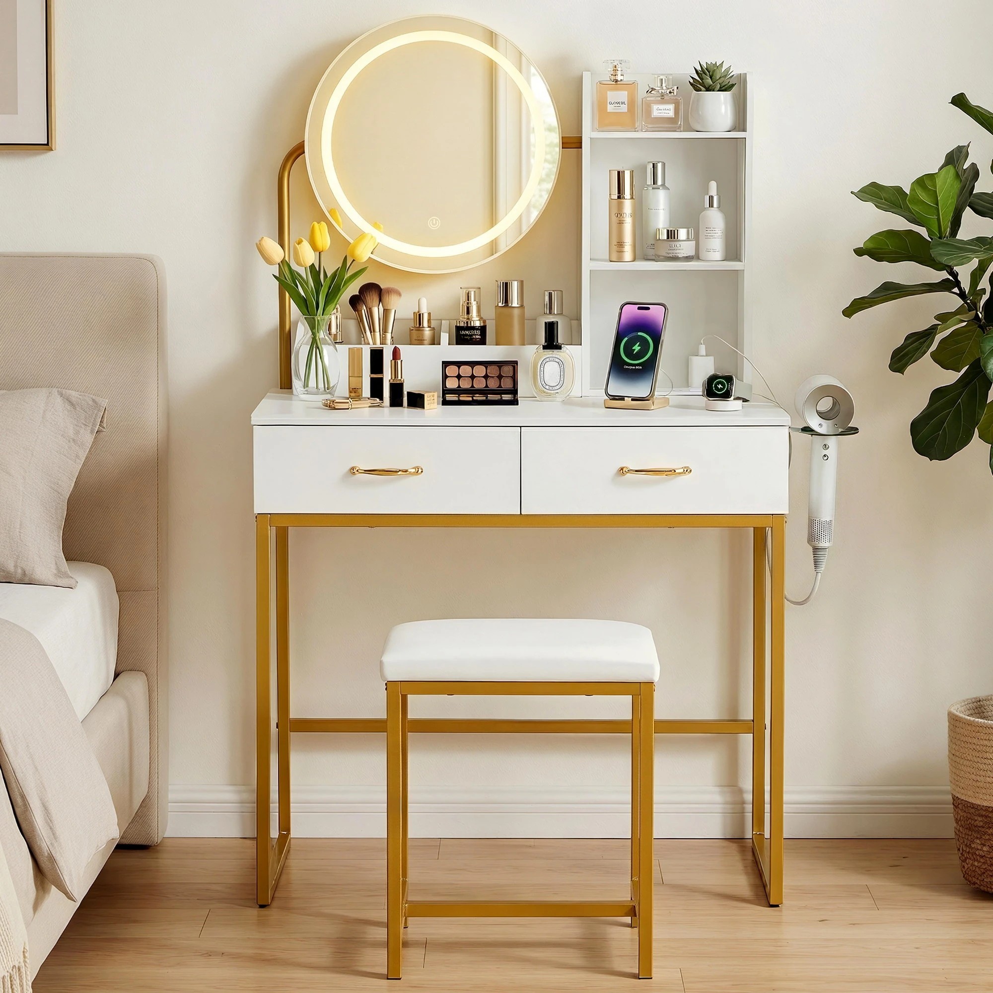9 Artiss Dressing Table Charging Station LED Vanity Desk Set Stool Make up Mirror Storage Drawer - Multi, 9 of 9