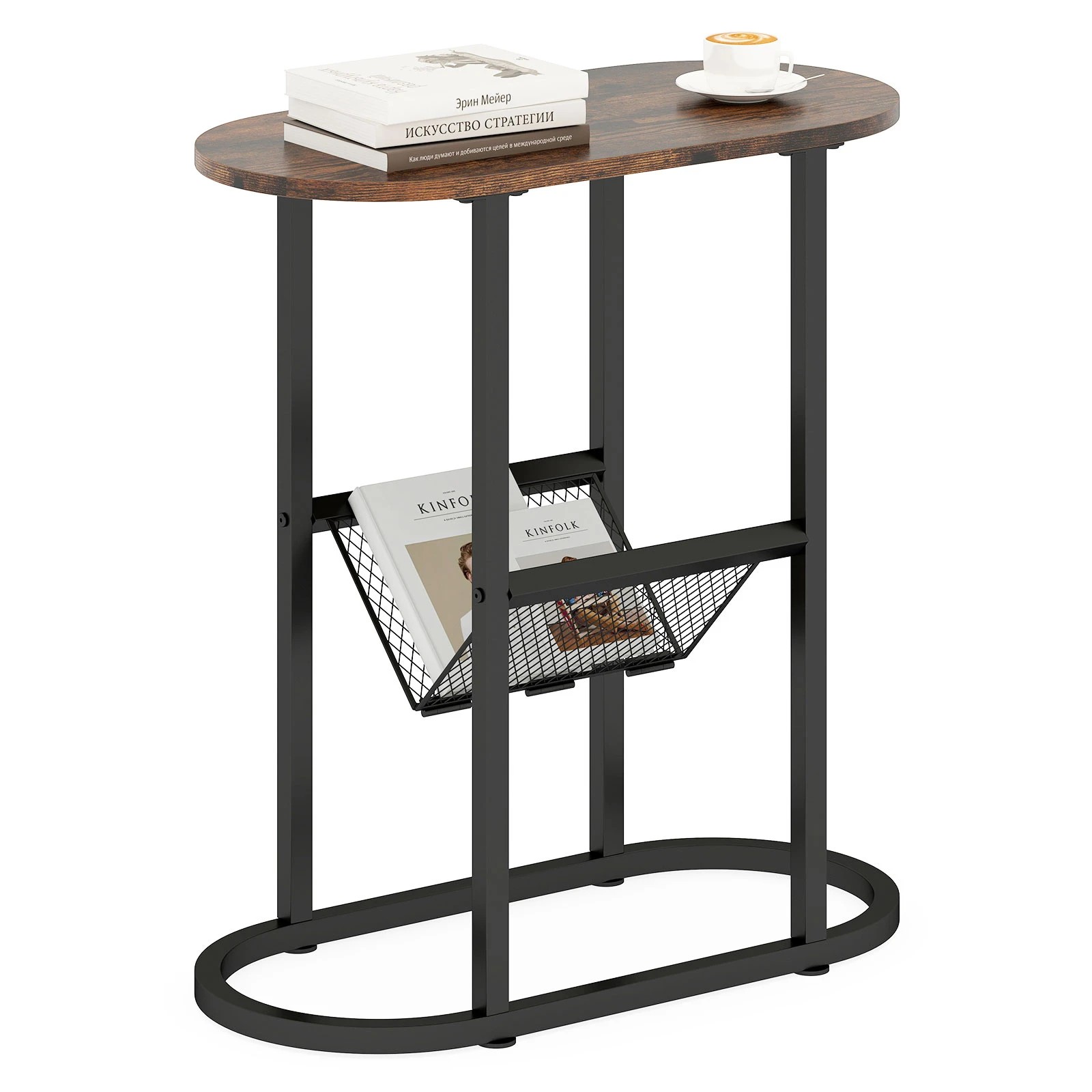 3 Costway Narrow Oval Side Table w/Magazine Holder 2-Tier Slim Couch End Table - Brown, 3 of 3
