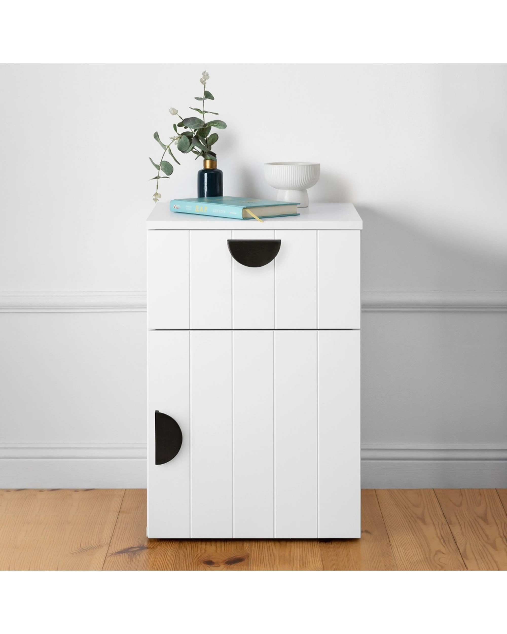 3 European Cabinetry Porto VJ Panel Front Bedside Table Half Moon Handle - White, 3 of 4