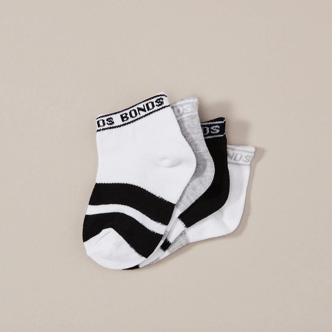 1 4 Pack Bonds Baby Sportlet Socks BLACK / GREY / WHITE, 1 of 2