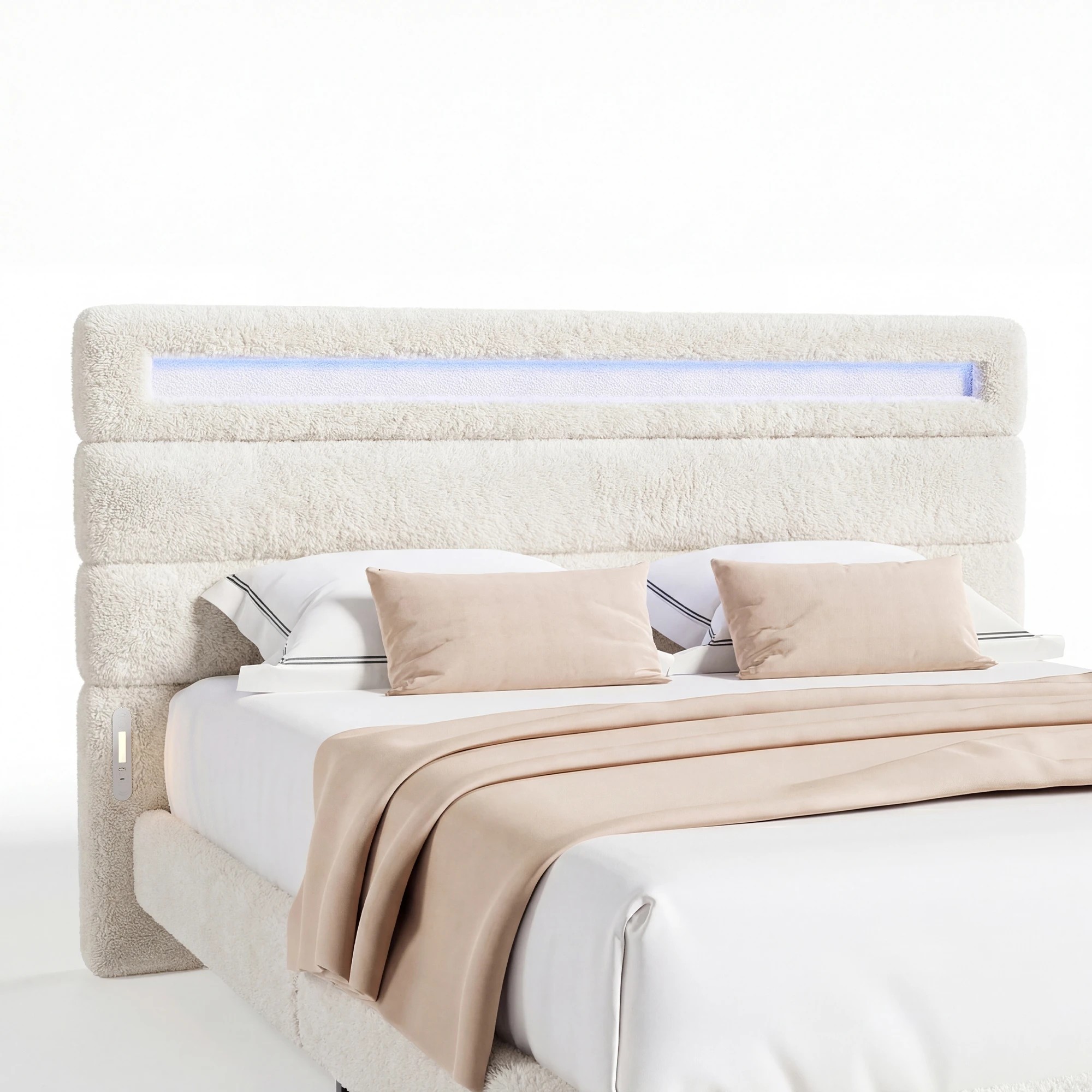 5 Advwin Double Cloud Bed Frame Teddy Fleece Upholstered LED Light Charging Ports - White, 5 of 8