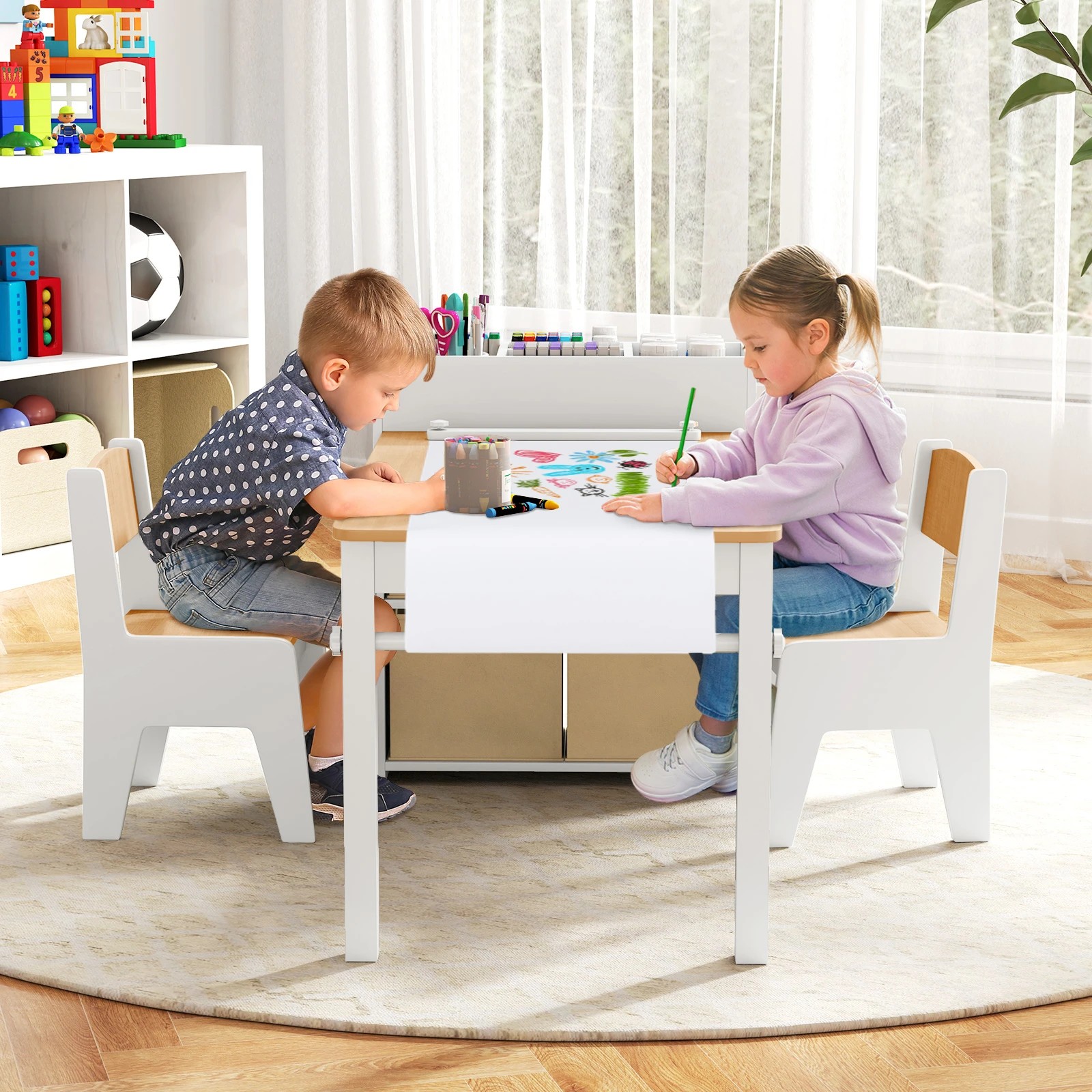 2 Costway Art Table Chairs Set Wooden Craft Study Desk w/Paper Roll - Natural, 2 of 2