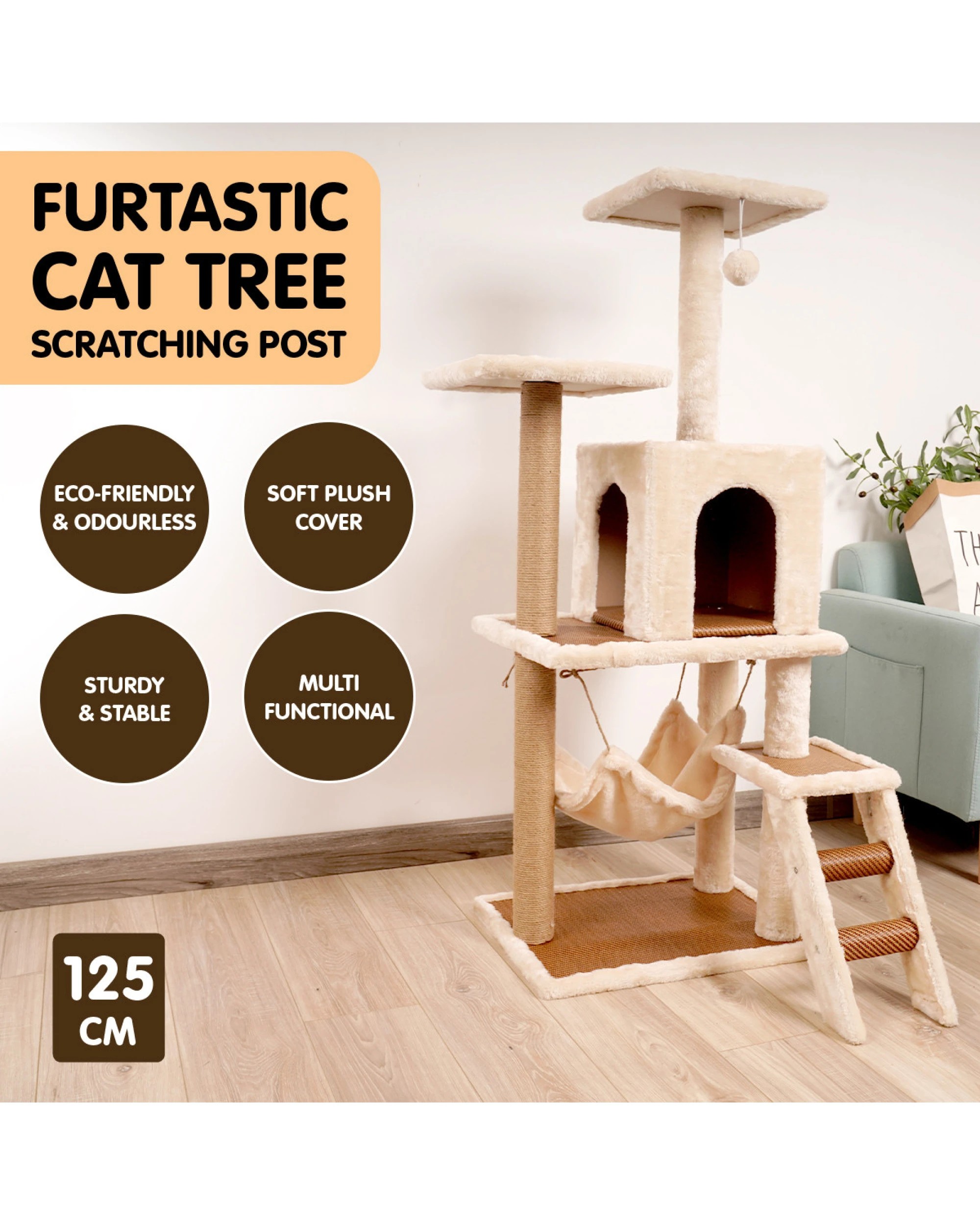 7 Furtastic 125cm Cat Tree Scratching Post - Beige, 7 of 7