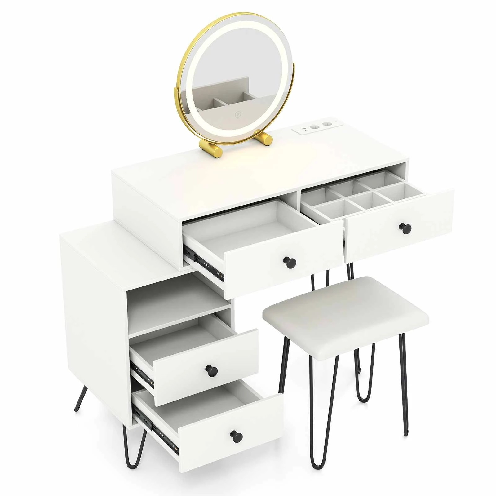 1 Costway Makeup Vanity Desk Rotatable Mirror Dressing Table Chair Set w/Charging Station, 1 of 5