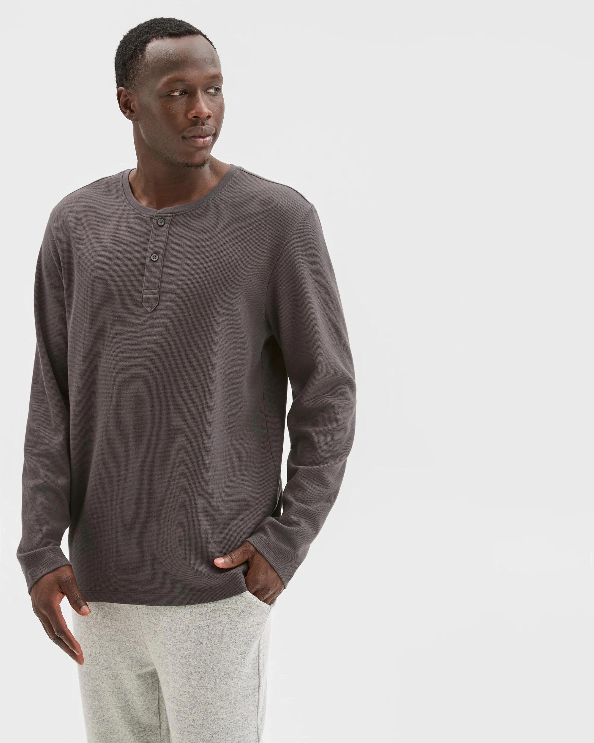 5 Maxx Australian Cotton Blend Waffle Henley Sleep Top BLACK OYSTER, 5 of 5