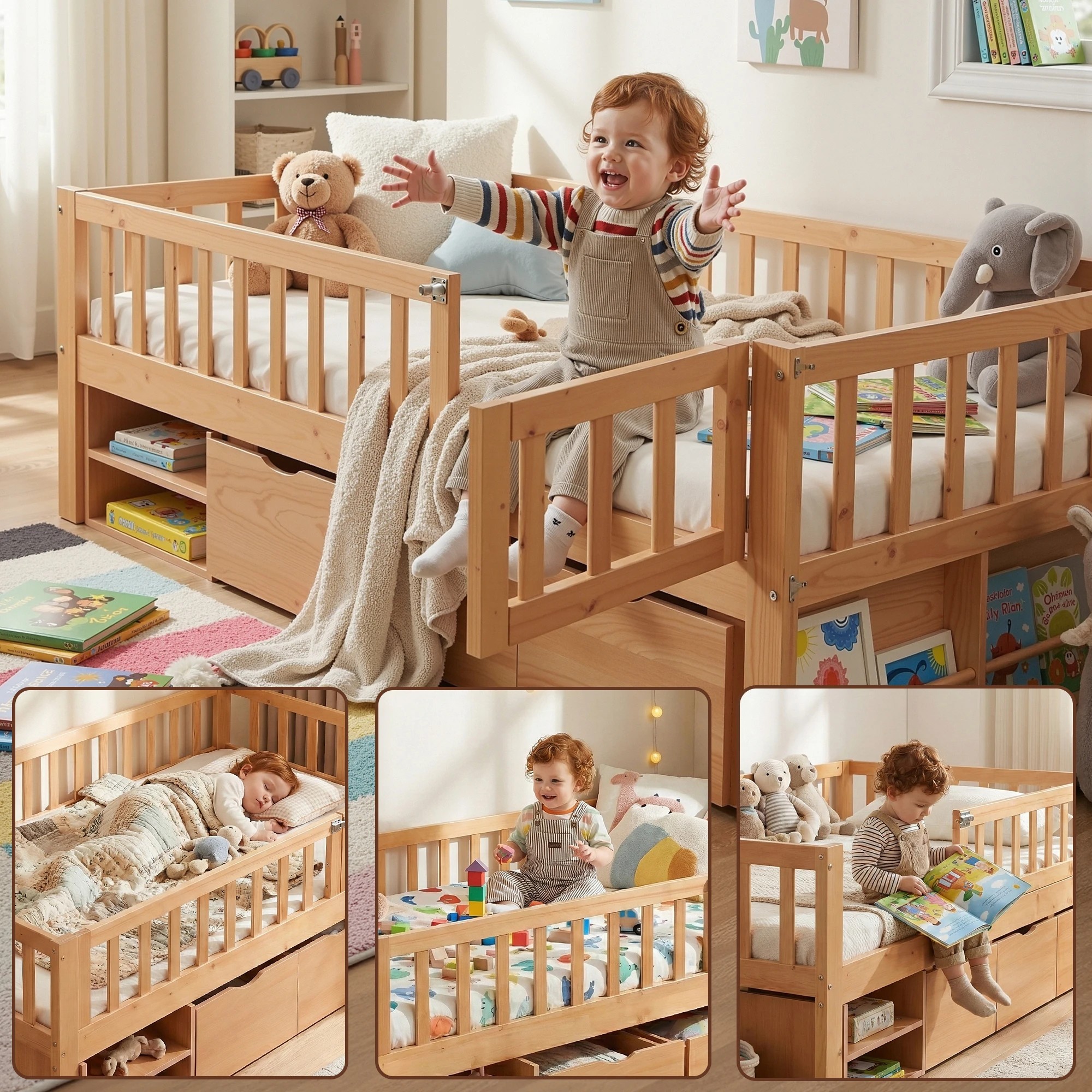 7 Artiss Kids Single Bed Frame with 3 Storage Drawer Montessori Bed for Toddler - Natural, 7 of 8