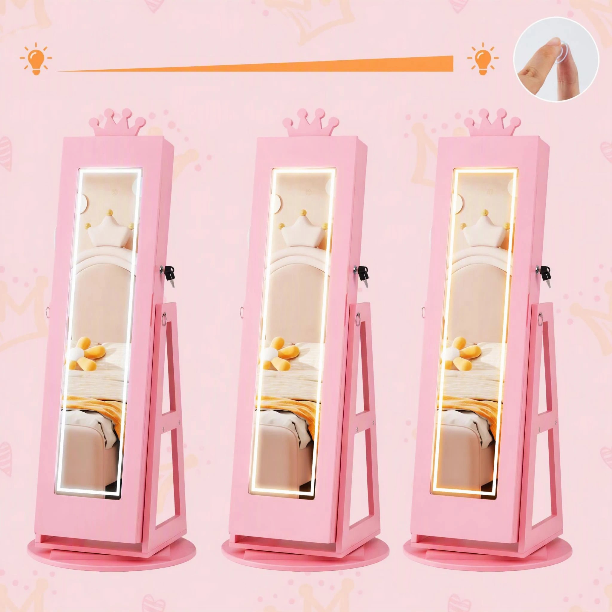 6 Costway Swivel Mirror Jewellery Cabinet Jewelry Organizer Standing Box Princess Armoire - Pink, 6 of 9
