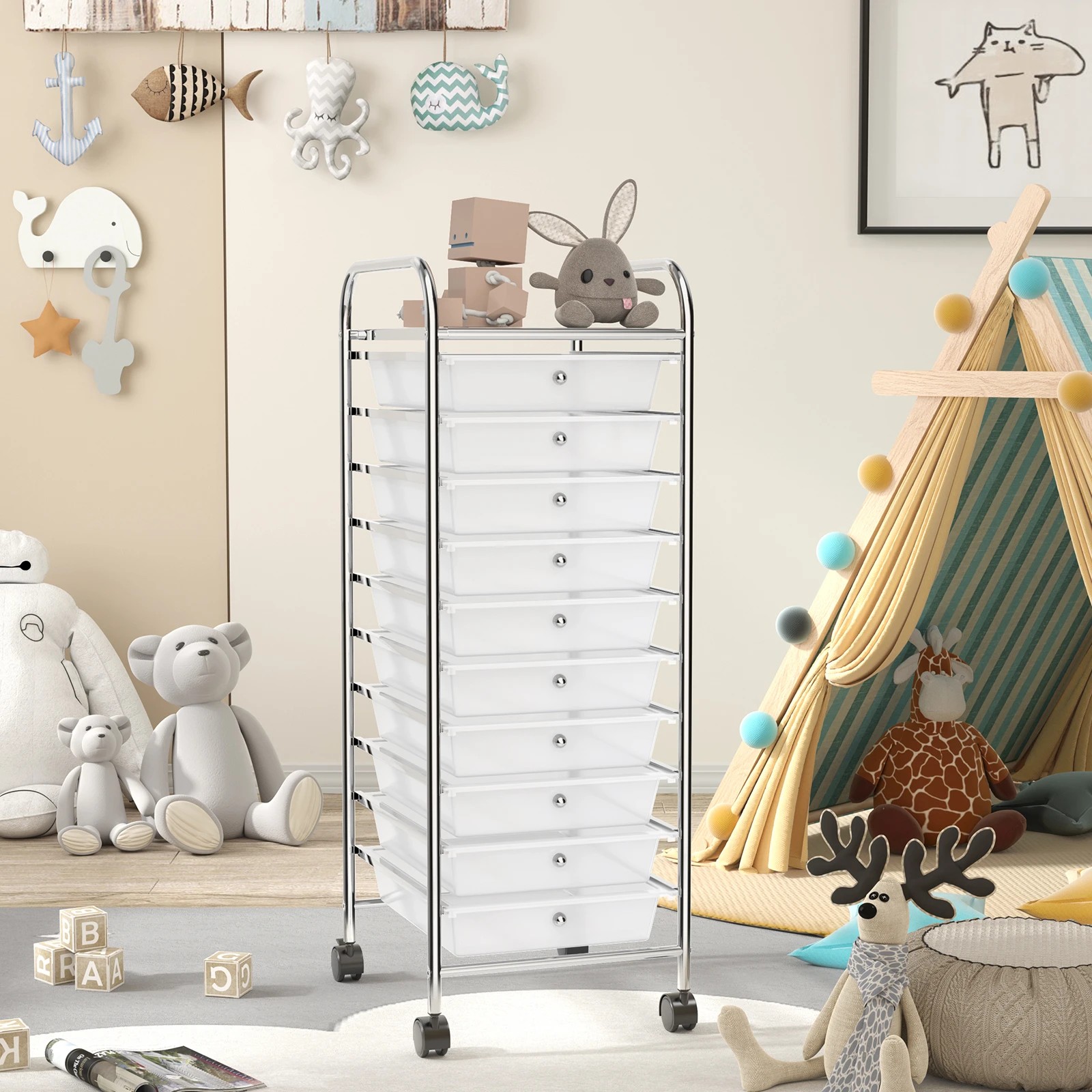 4 Costway 10 Drawers Rolling Storage Cart Mobile Utility Trolley - Clear, 4 of 6