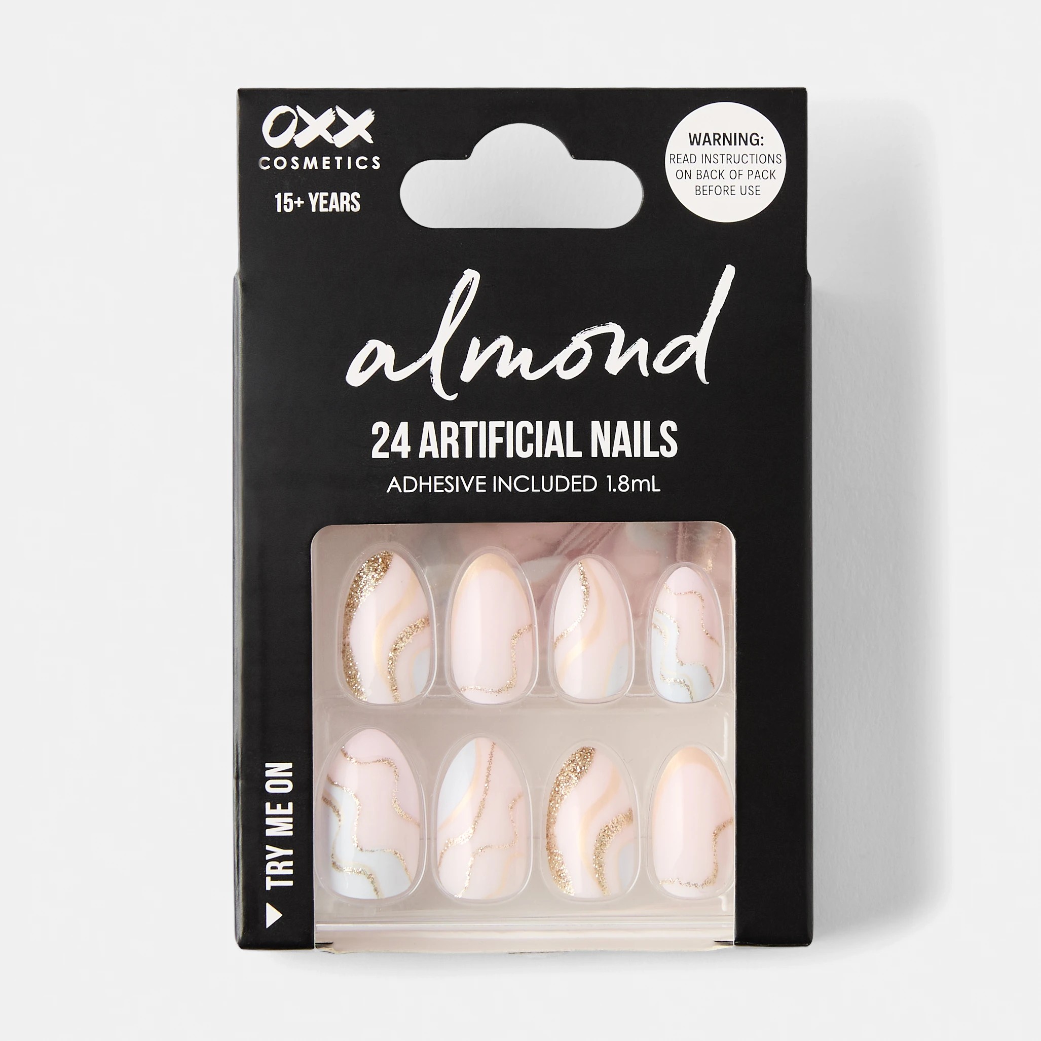 1 OXX Cosmetics 24 Pack Artificial Nails with Adhesive - Almond Shape, Pink and Gold Glitter, 1 of 4