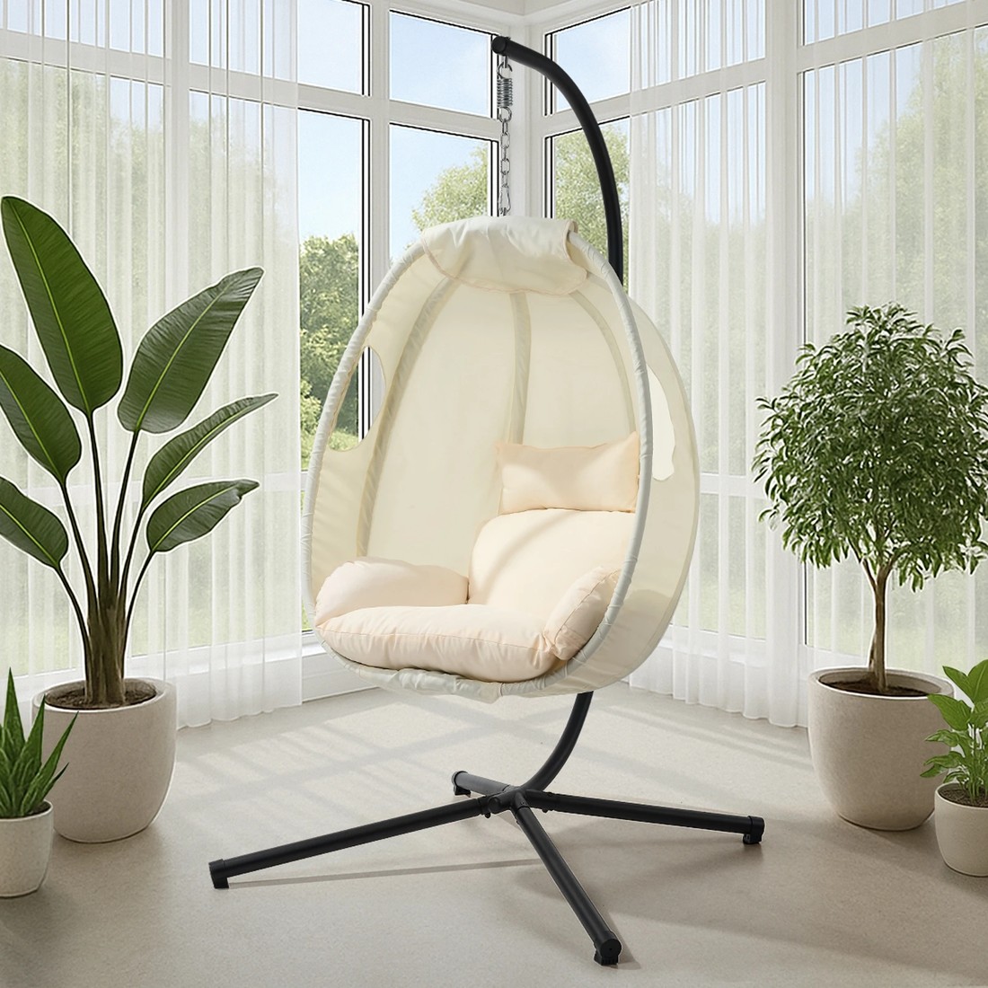 4 Livsip Outdoor Egg Hanging Chair Swing Seat Furniture with Stand Cushion - Beige, 4 of 8