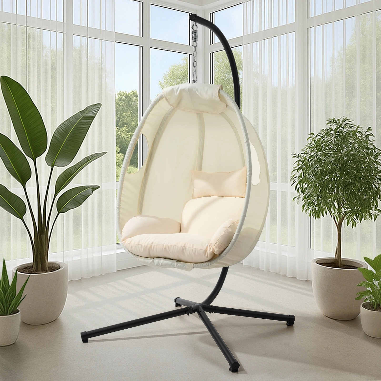 4 Livsip Outdoor Egg Hanging Chair Swing Seat Furniture with Stand Cushion - Beige, 4 of 8