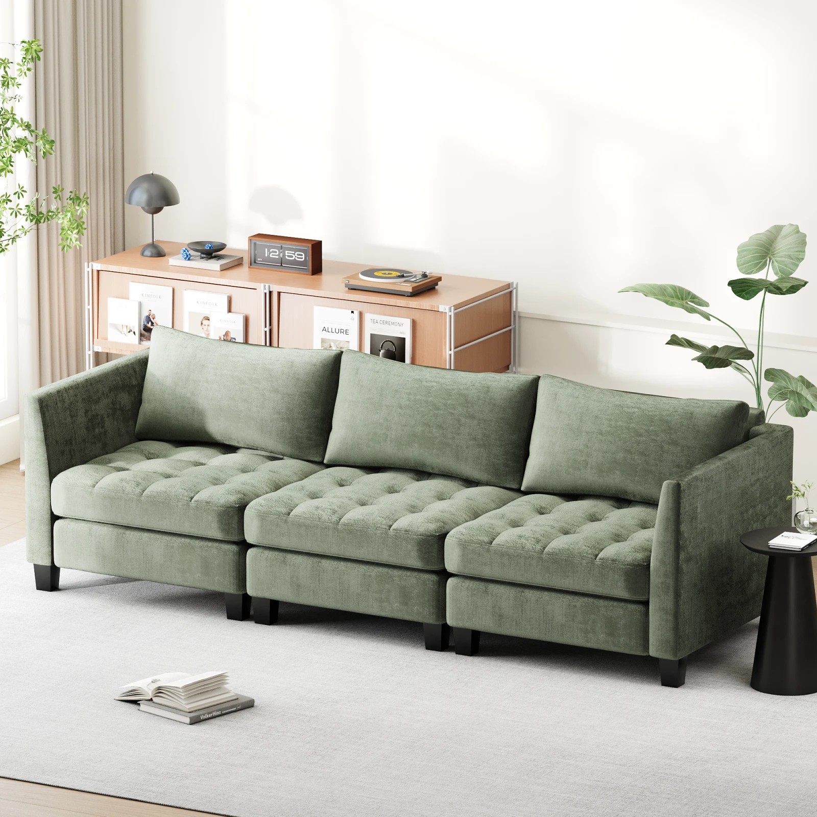 5 Advwin 3 Seater Sofa 265cm Chenille Fabric Modern Sectional Couch with Removable Backrest Green, 5 of 6