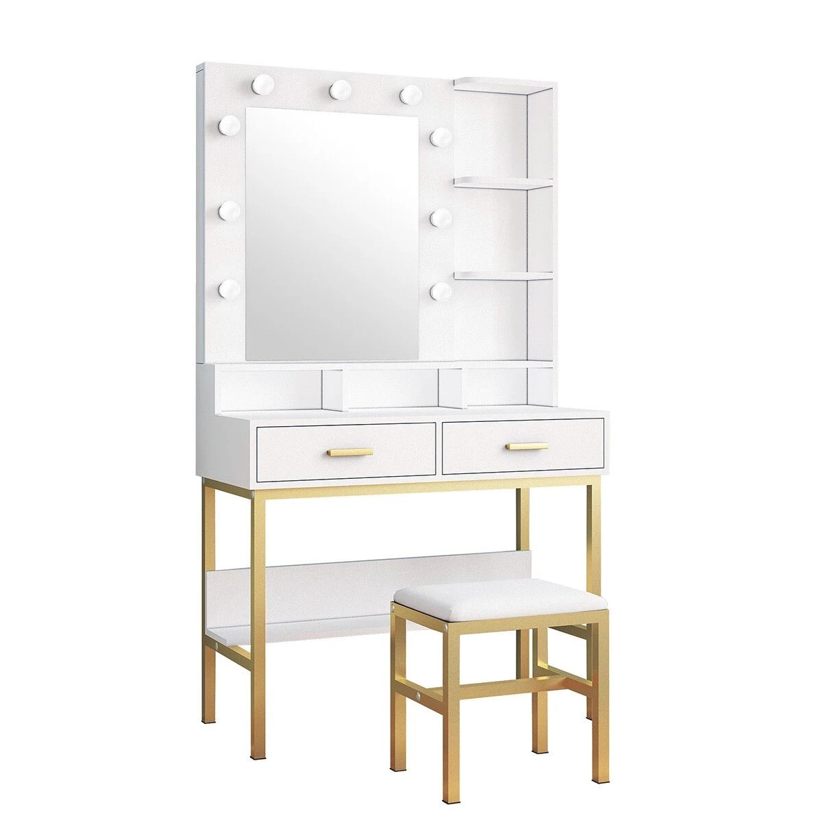 1 Maxkon Large Dressing Table and Stool Set Vanity Makeup Dresser Table Set with 9 LED Lighted Mirror, 1 of 4