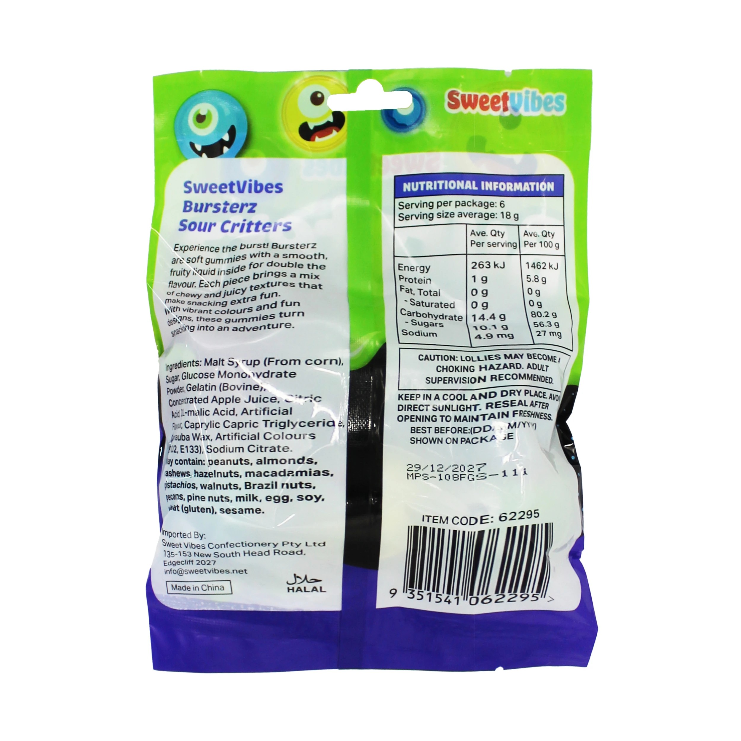 2 SweetVibes Bursterz Liquid Filled Gummies 108g - Sour Critters, 2 of 2