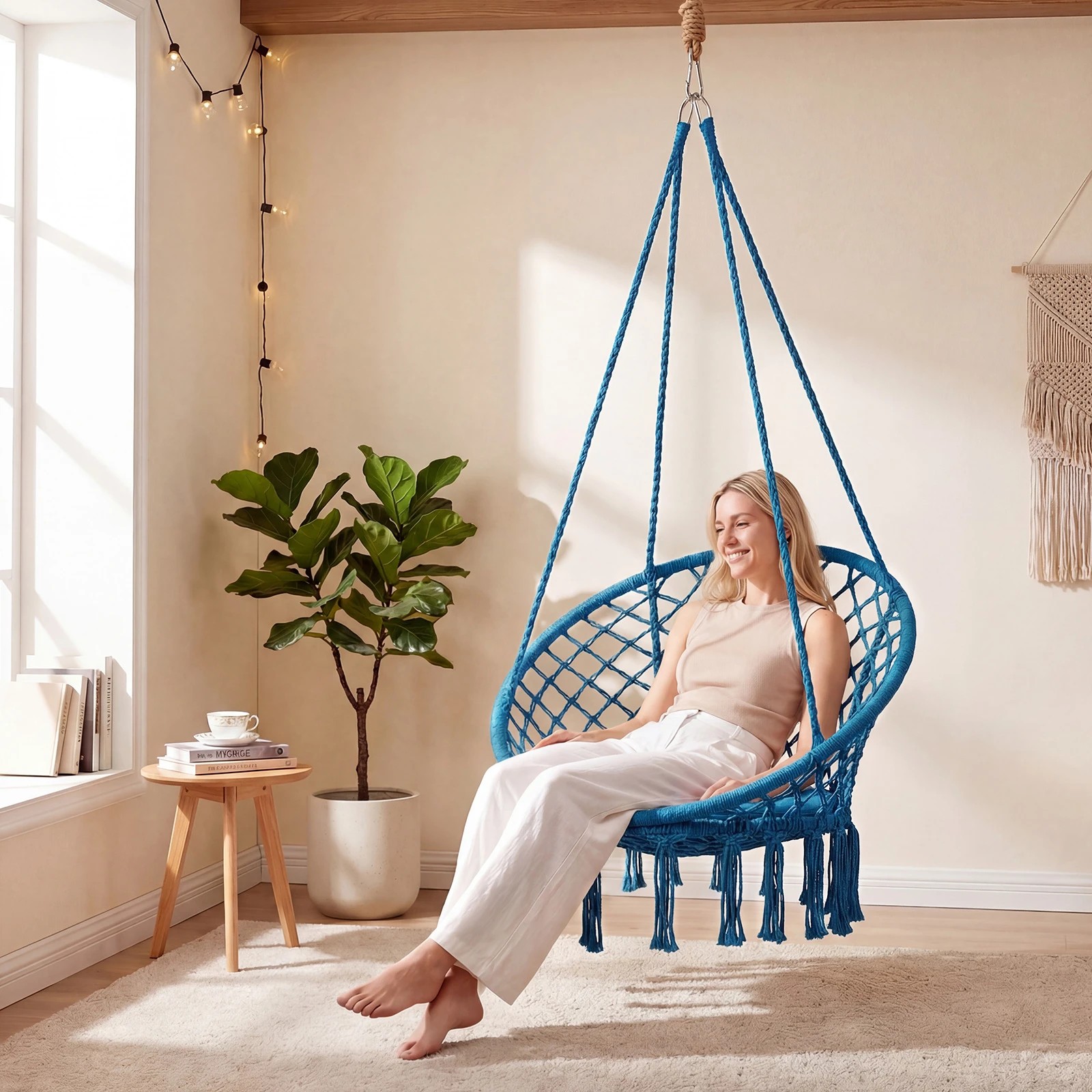 3 Costway Macrame Hammock Chair Boho Rope Hanging Swing Chair - Blue, 3 of 4