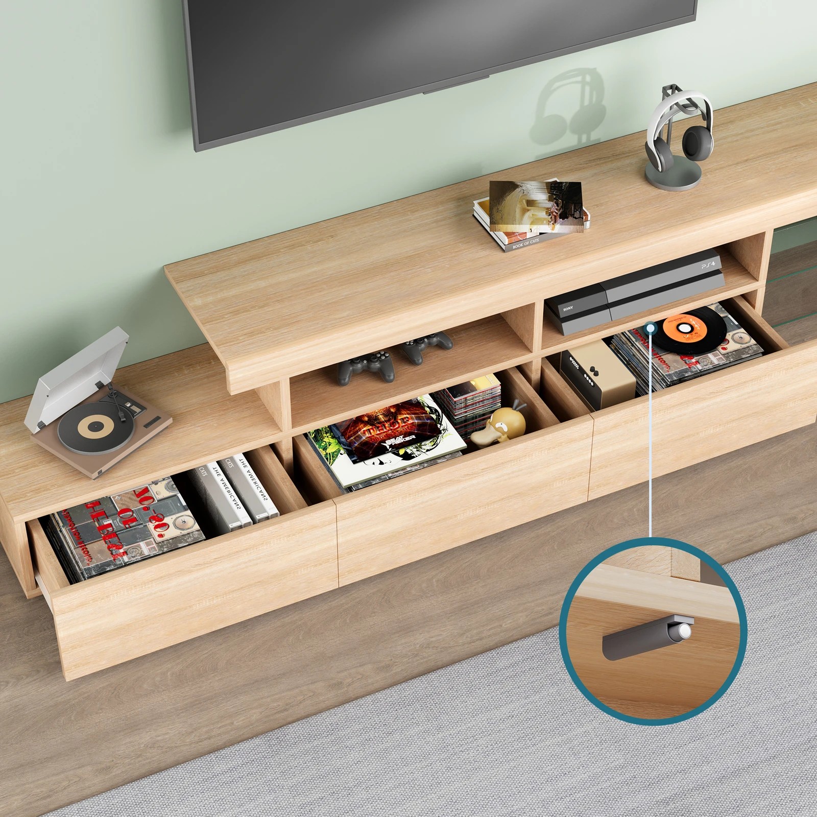 8 Alfordson Entertainment Unit 220cm TV Stand LED Light Storage Drawer - Oak, 8 of 10