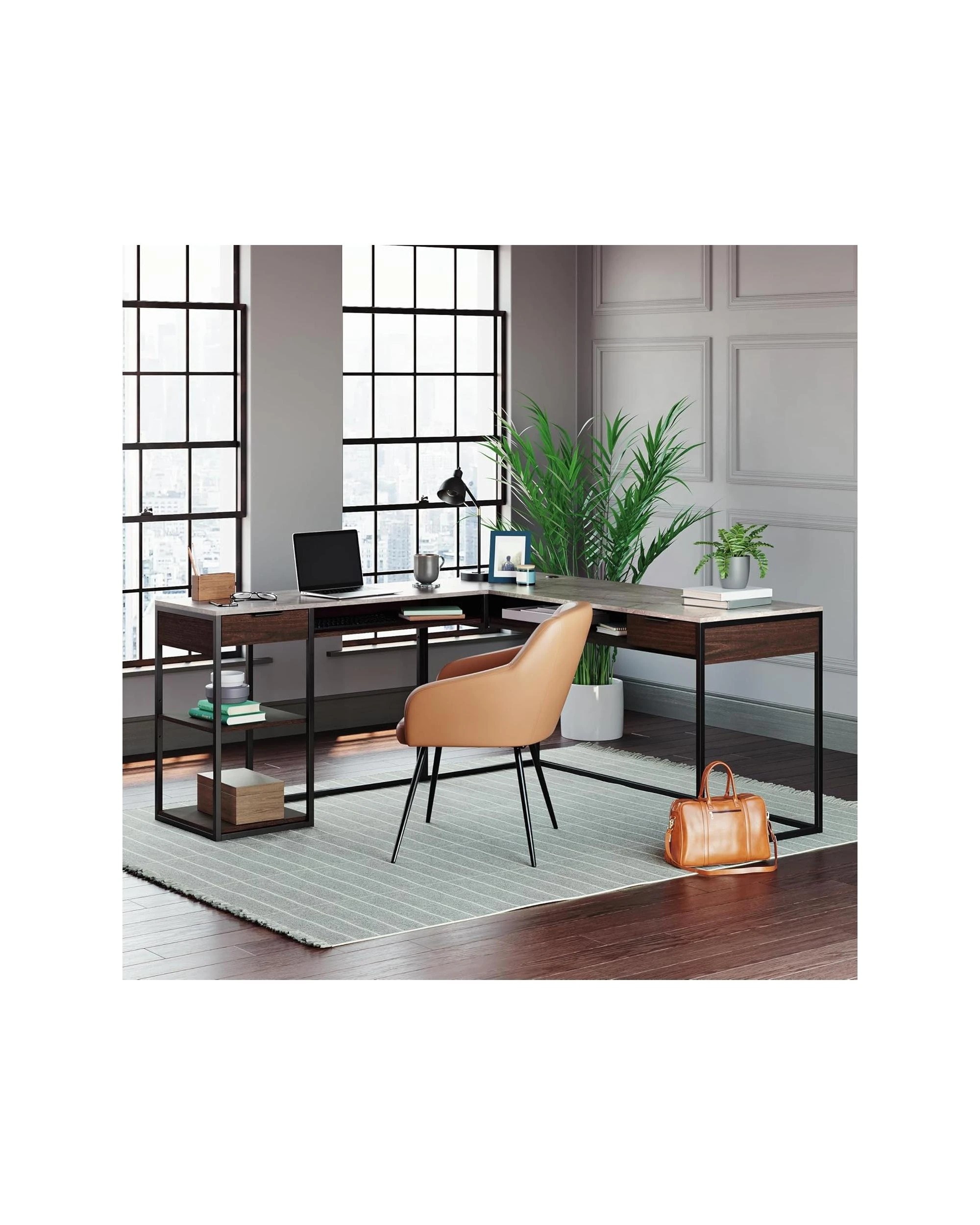 2 Sauder Corner L-Shaped Home Office Desk Study Table Woodgrain and Black - Brown, 2 of 9