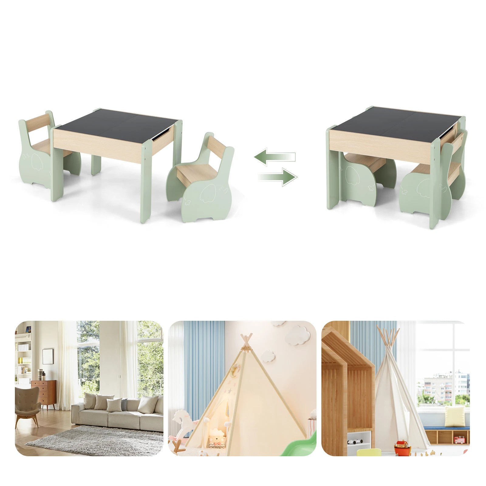 5 Costway 4-in-1 Kids Table Chair Set Wooden Activity Desk - Green, 5 of 7