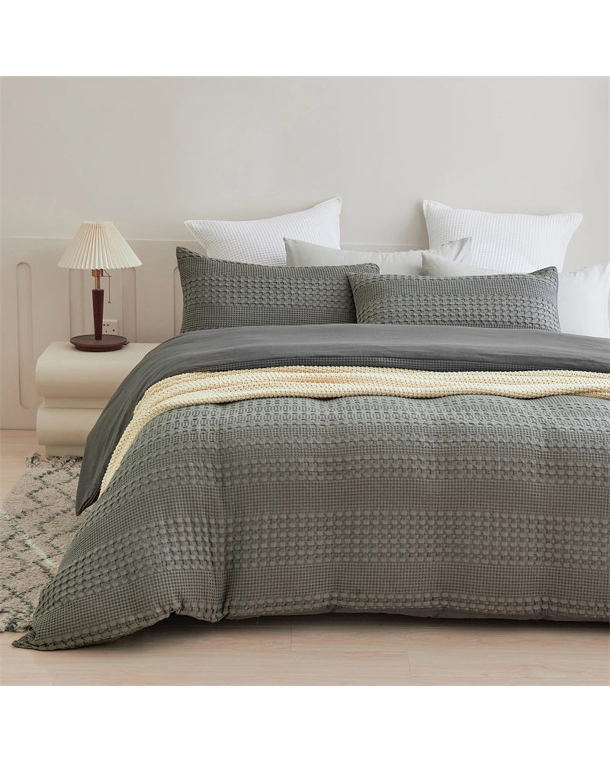 1 Cotton More 100% Cotton Striped Large Waffle Pattern Quilt Doona Set Queen - Grey, 1 of 7