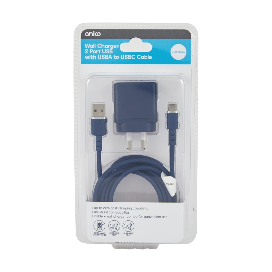 6 Wall USB Charger with USB-A to USB-C Cable - Blue, 6 of 7