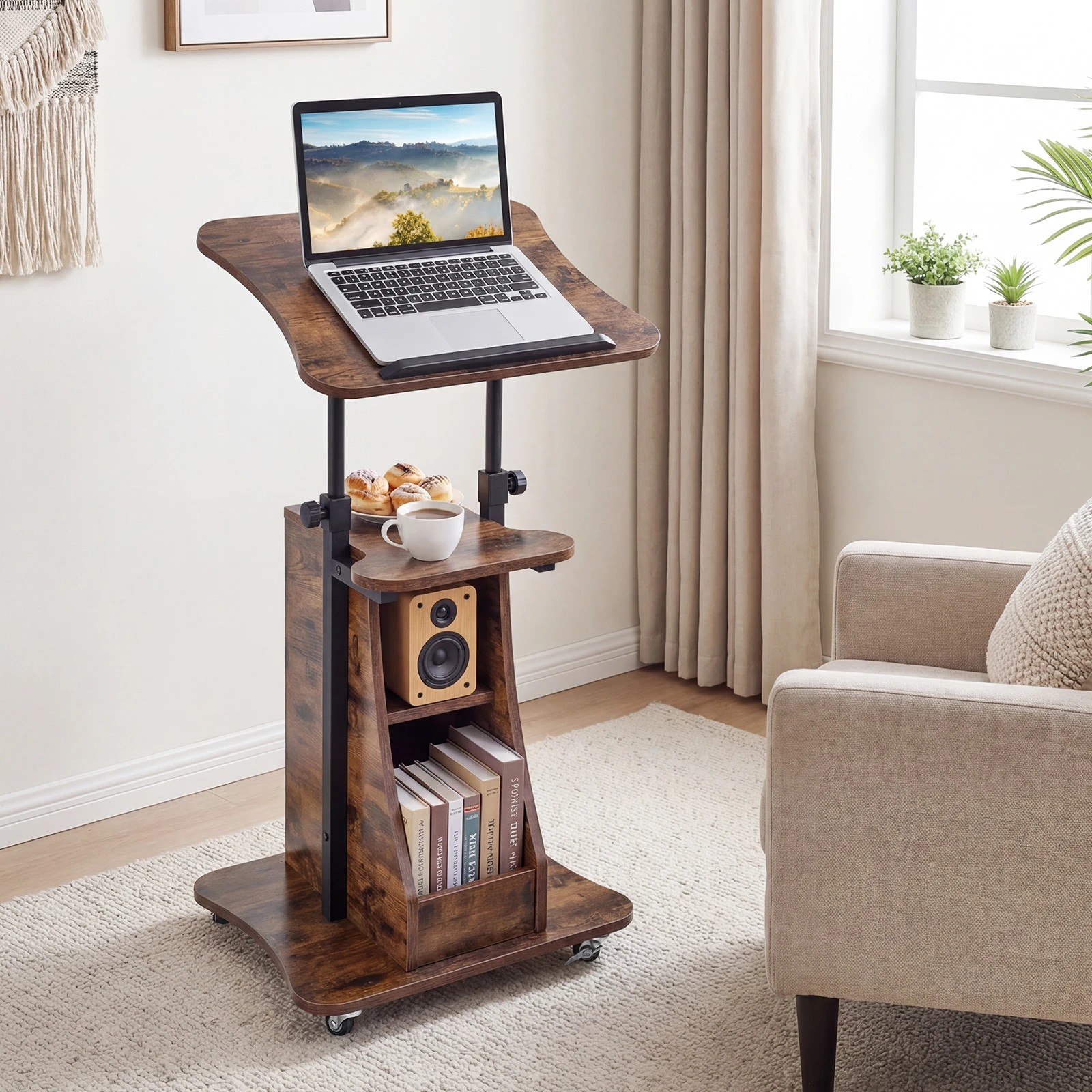 3 Costway Rolling Podium Stand Adjustable Lectern Table w/Tilting Tabletop - Brown, 3 of 5