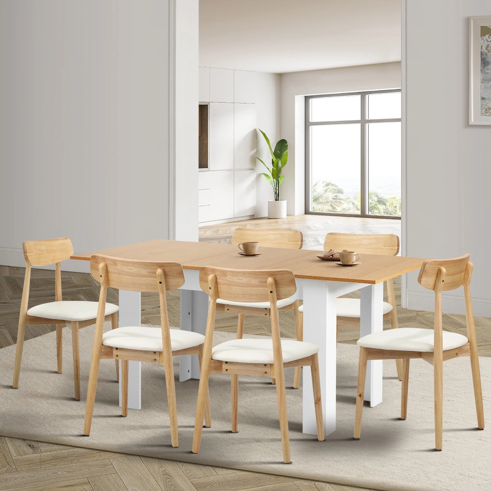 3 Oikiture 160cm Extendable Dining Table with 6x Dining Chairs PU Leather - Multi, 3 of 9