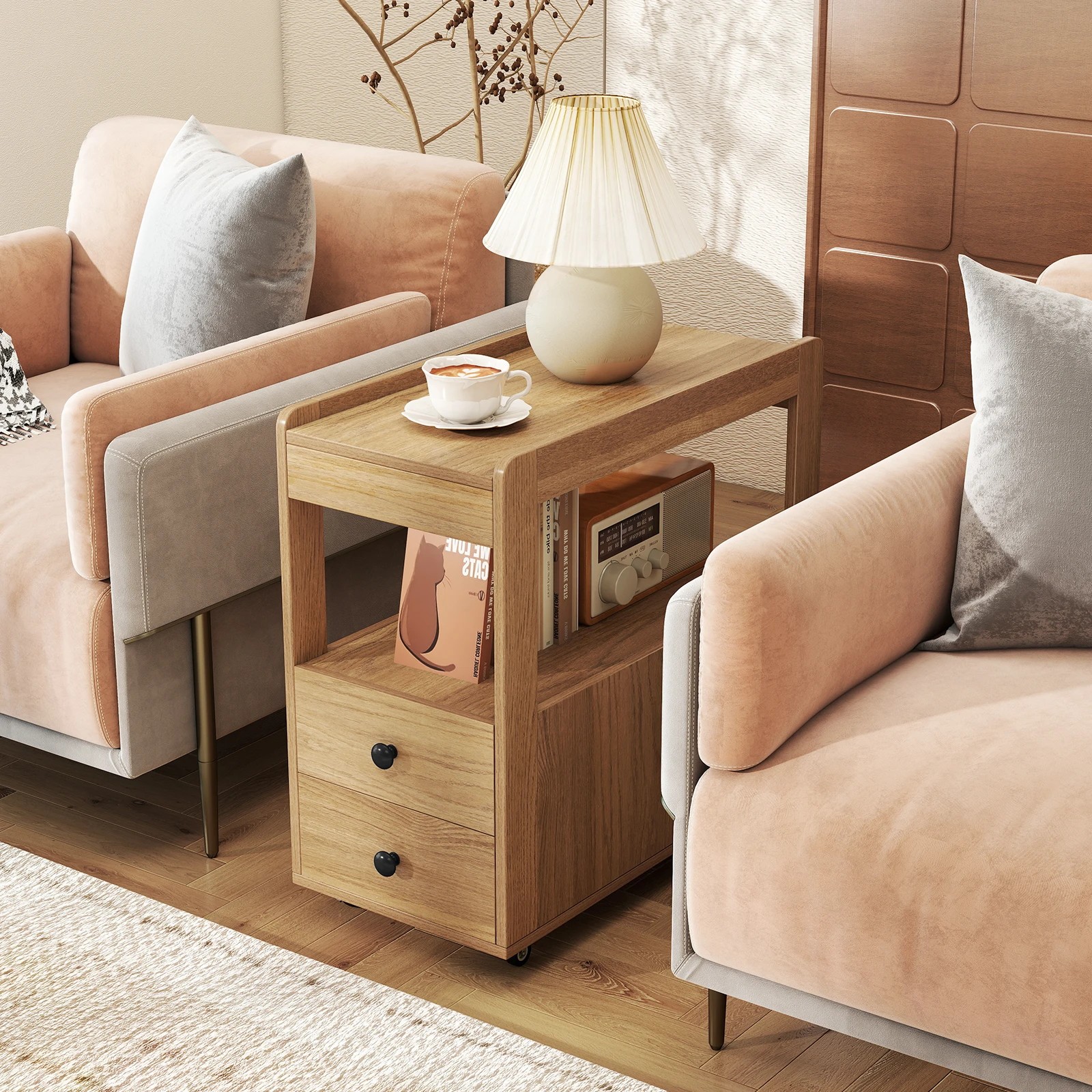 2 Costway 2 Drawers End Table Narrow Side Table w/Open Storage Shelf Rolling Bedside Table, 2 of 4