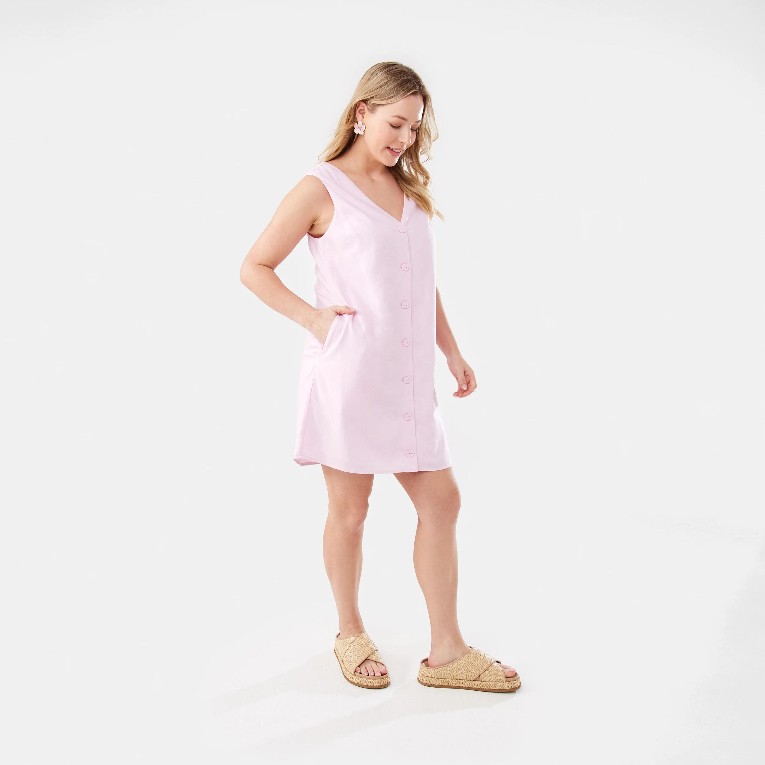 4 Sleeveless V-neck Linen Blend Button Mini Dress Chery Pink, 4 of 9
