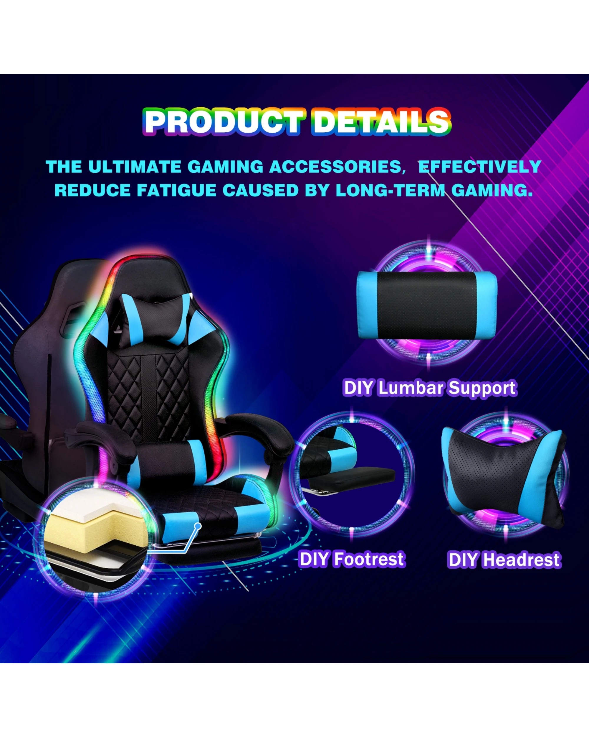 1 Advwin Gaming Chair with Massagers LED Lights 135° Recline - Blue, 1 of 3