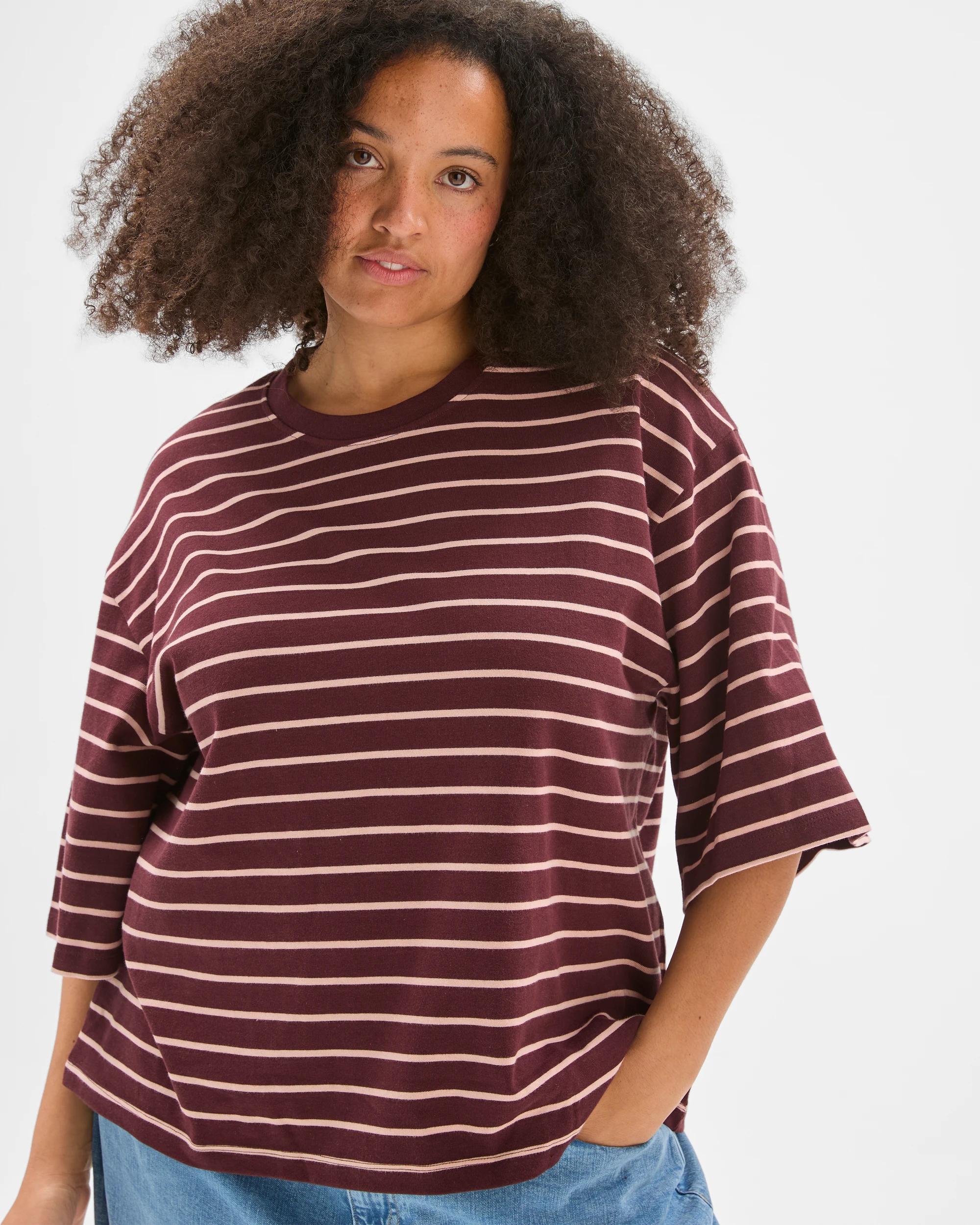 5 Target Curve Plus Size Australian Cotton Wide Sleeve Boxy T-Shirt BURGUNDY/SOFT BLUSH STRIPE, 5 of 9