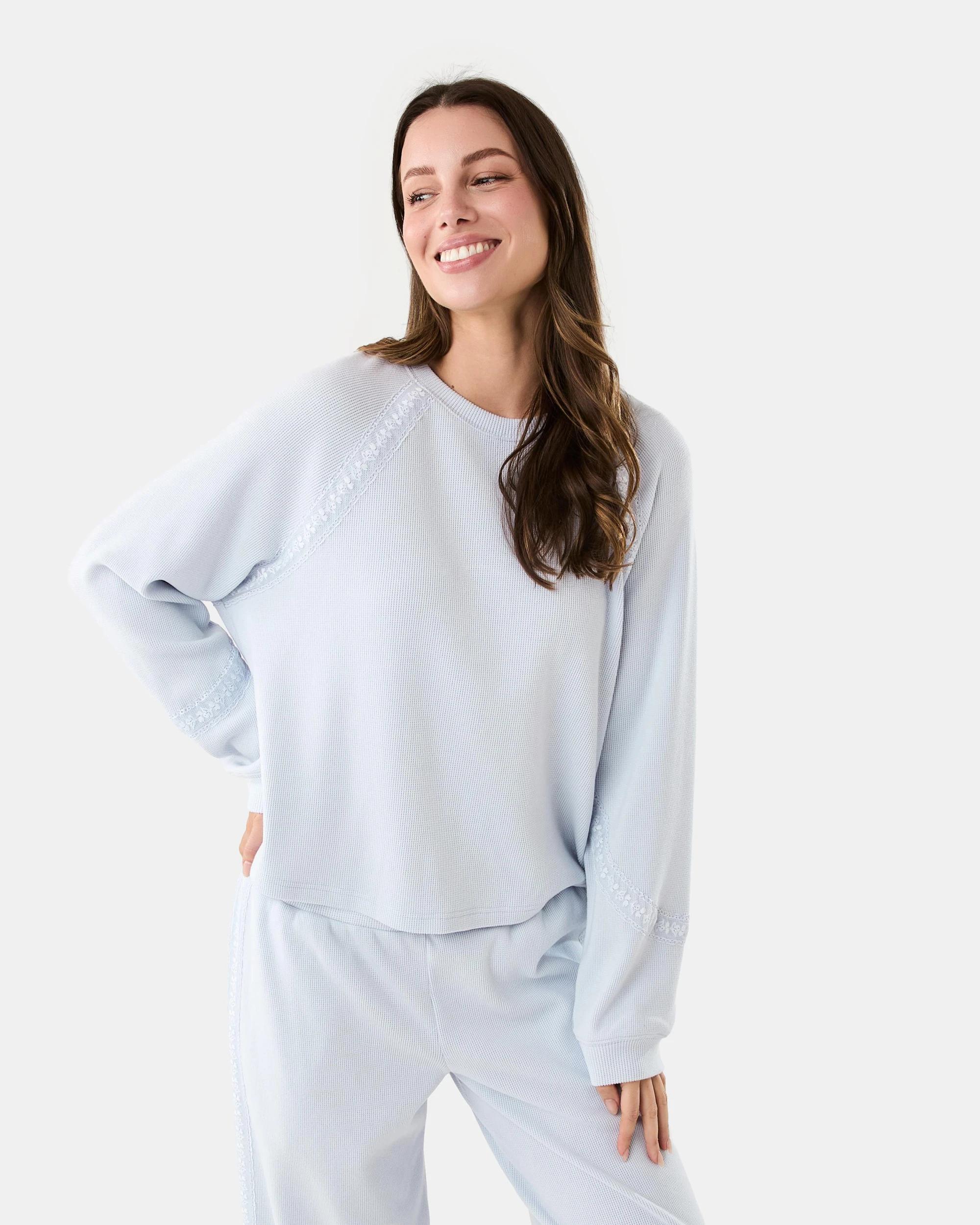 1 Long Sleeve Waffle Lace Lounge Top Halo Blue, 1 of 7