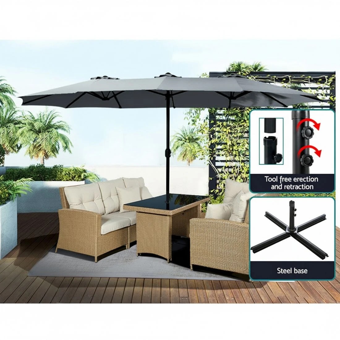 4 Instahut 4.57m Outdoor Umbrella Beach Pole Garden Tilt - Charcoal, 4 of 6