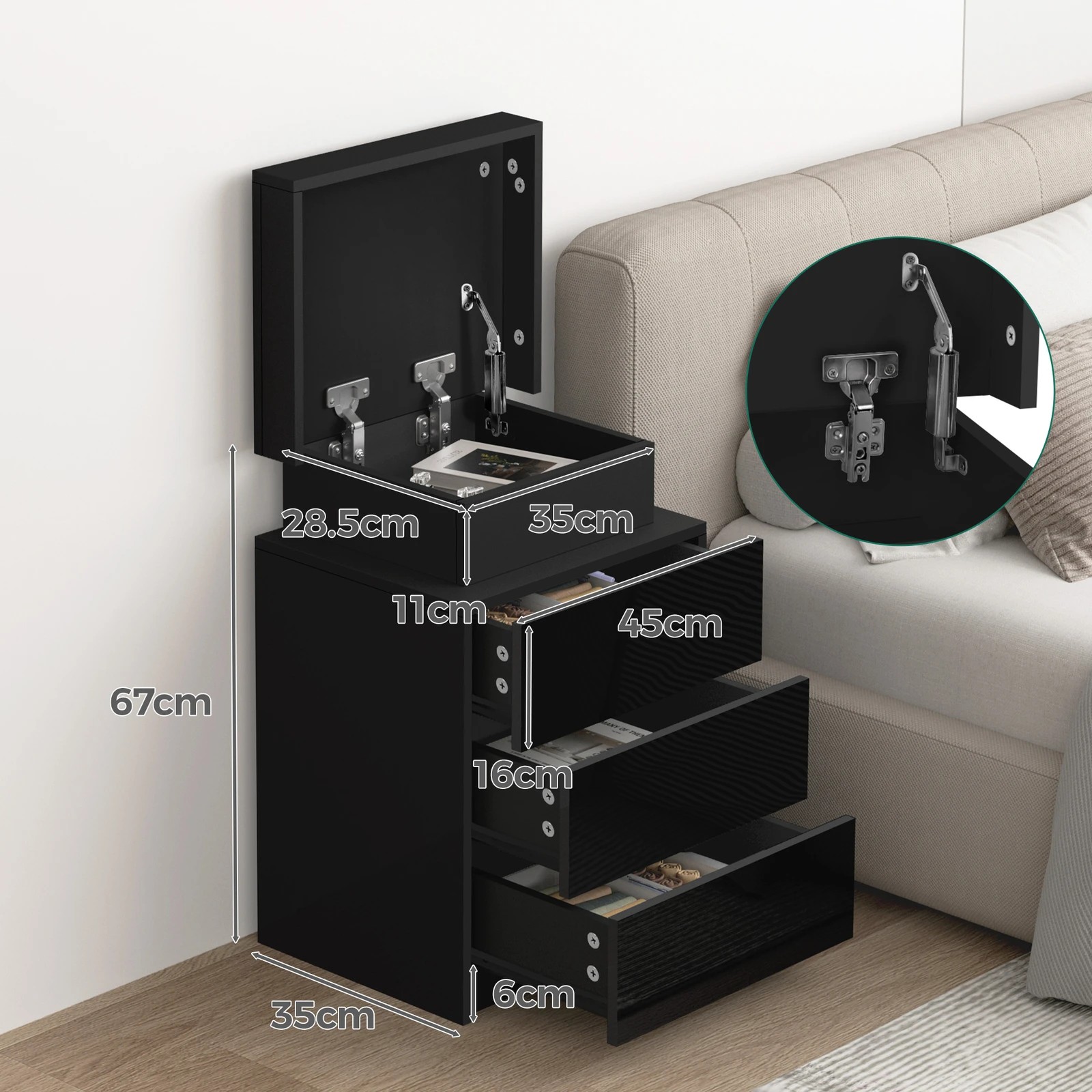 5 Alfordson Bedside Table RGB LED Nightstand 3 Drawers 4 Side High Gloss - Black, 5 of 10