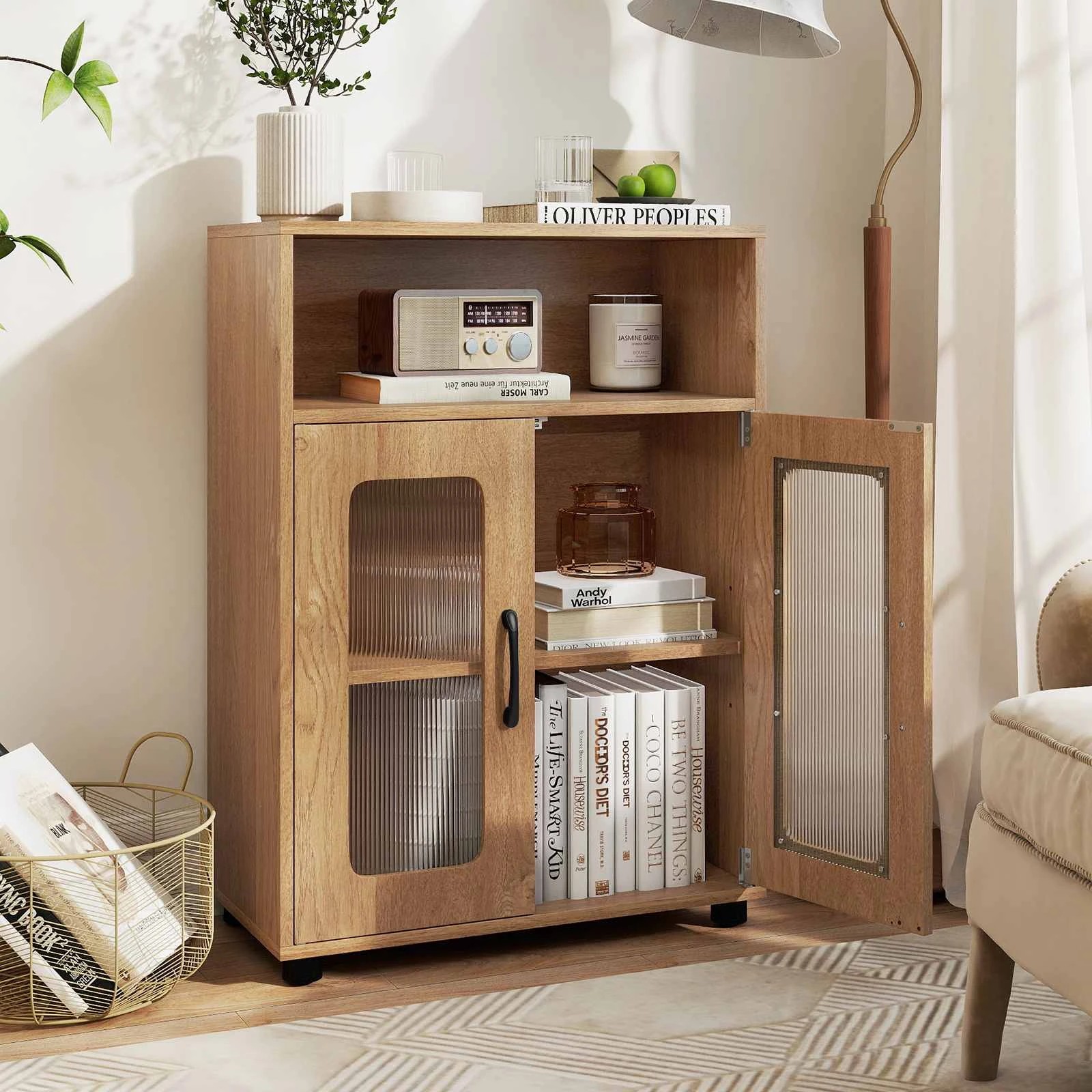 4 Costway 83cm Bathroom Storage Cabinet w/2 See-through Doors Freestanding Organizer Unit, 4 of 5