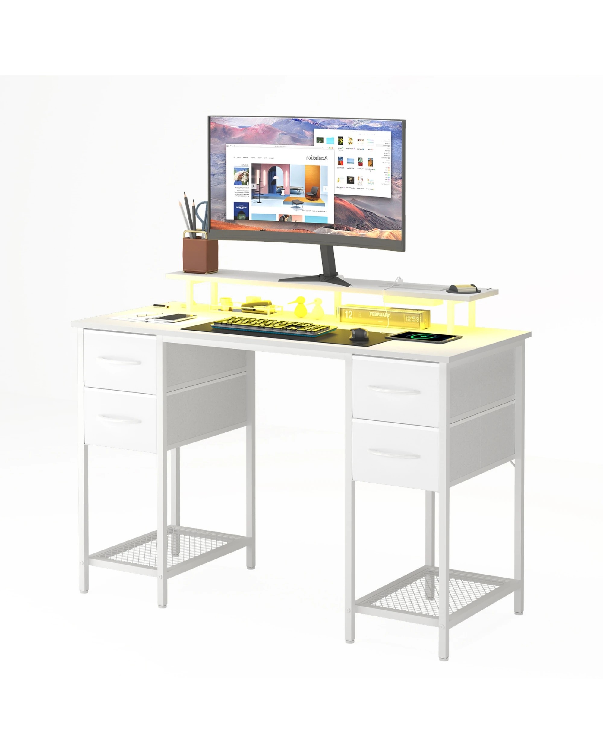 1 Advwin 120cm White Office Computer Desk With Led Lights Power Outlets, 1 of 9