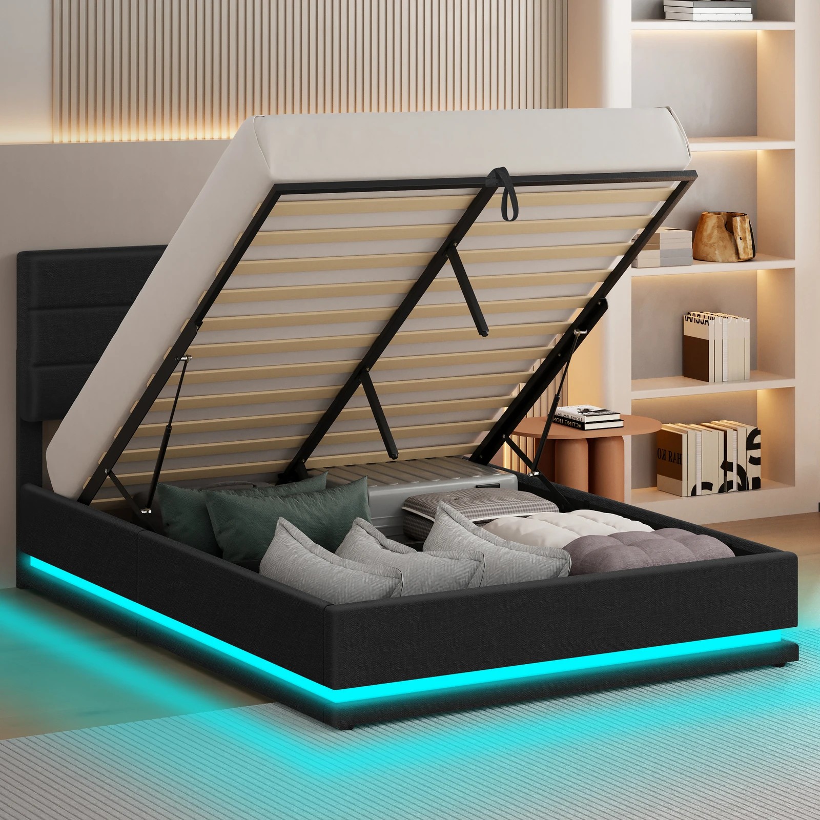 5 Alfordson Bed Frame Double Size Platform RGB LED Gas Lift Storage Base - Charcoal, 5 of 10